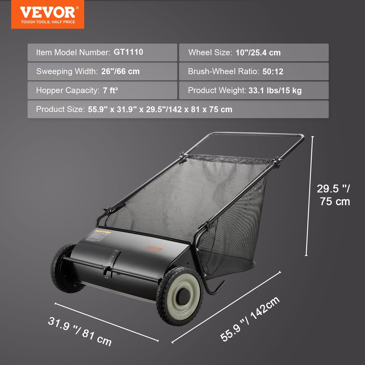 Push Lawn Sweeper, 26-inch Leaf & Grass Collector, Strong Rubber Wheels & Heavy Duty Thickened Steel, Durable to Use with Large Capacity 7 cu. ft. Mesh Collection Hopper Bag, 4 Spinning Brushes