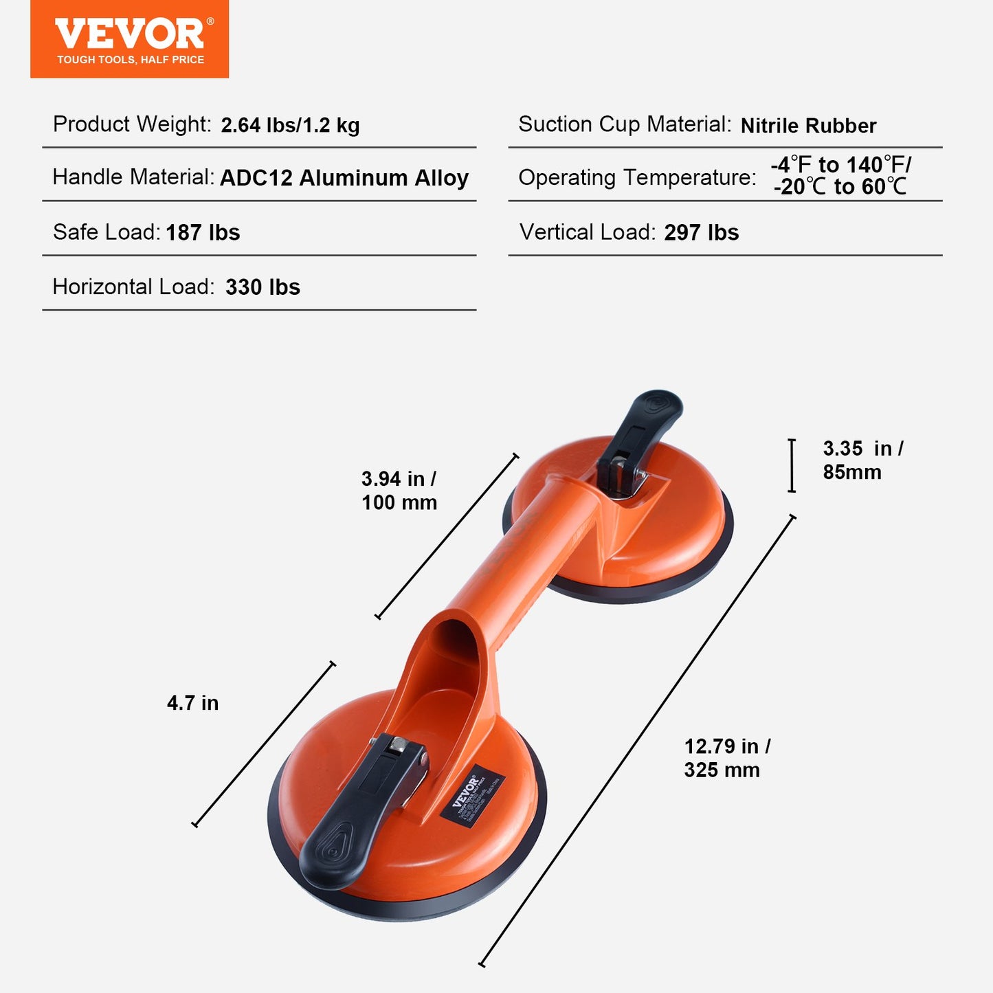 Glass Suction Cup, 4.7" 2 Pack 330 lbs Load Capacity, Vacuum Suction Cup with Aluminum Handle, Heavy Duty Industrial Suction Cup Lifter Tool for Glass, Granite, Tile, Metal, Wood Panel Lifting