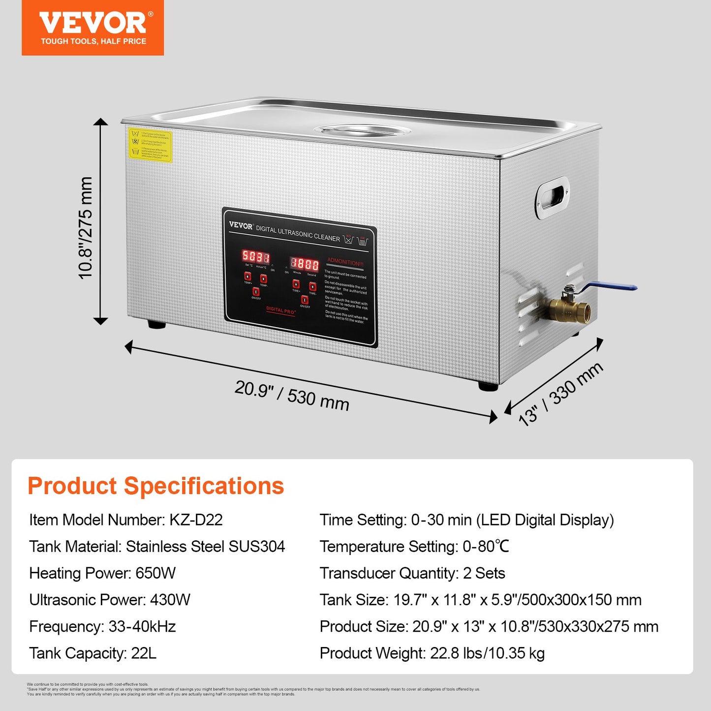 Ultrasonic Cleaner with Digital Timer & Heater, Professional Ultra Sonic Jewelry Cleaner, Stainless Steel Heated Cleaning Machine for Glasses Watch Rings Small Parts Circuit Board (22L)