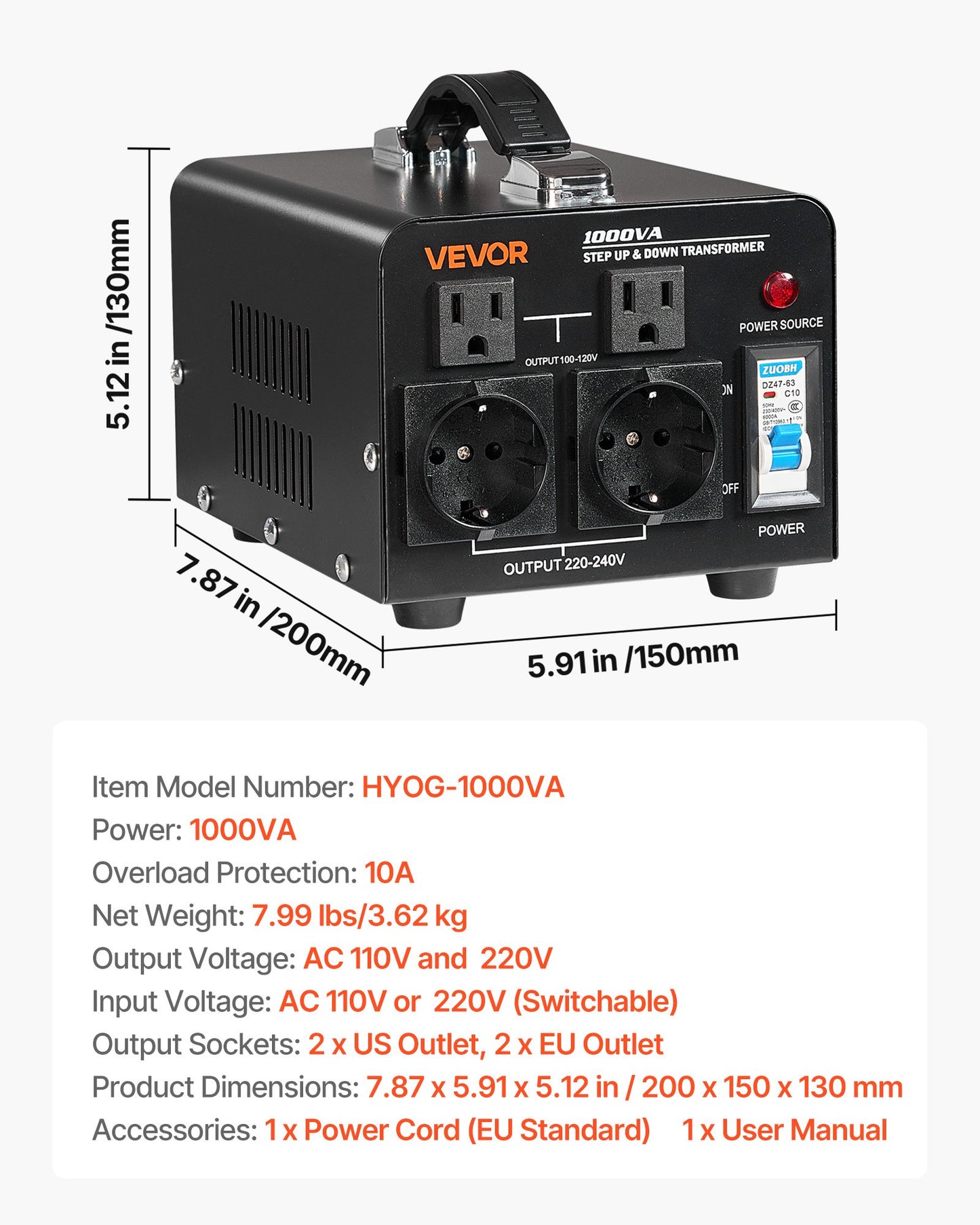 Voltage Converter Transformer, 1000VA, Heavy Duty Step Up/Down Power Transformer, Convert from 110V to 220V and 220V to 110V, with US Outlets, EU Outlets, Power Cord, Circuit Breaker Protection