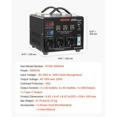 Spänningsomvandlare, 5000VA, Kraftig upp-/nedtransformator, 110V till 220V och 220V till 110V, med 3 US-uttag, 3 EU-uttag, LCD-display, brytarskydd | EU