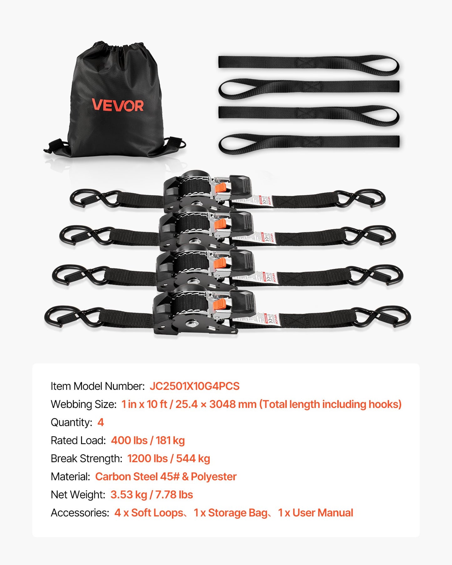 Retractable Ratchet Straps, 1 in x 10 ft, Tie Down Straps with S Hooks, 1200 lbs Break Strength, 4 Soft Loops, Tie Down Ratcheting for Moving, Trailers, Motorcycles, Kayaks, Car Roof, 4 Pack