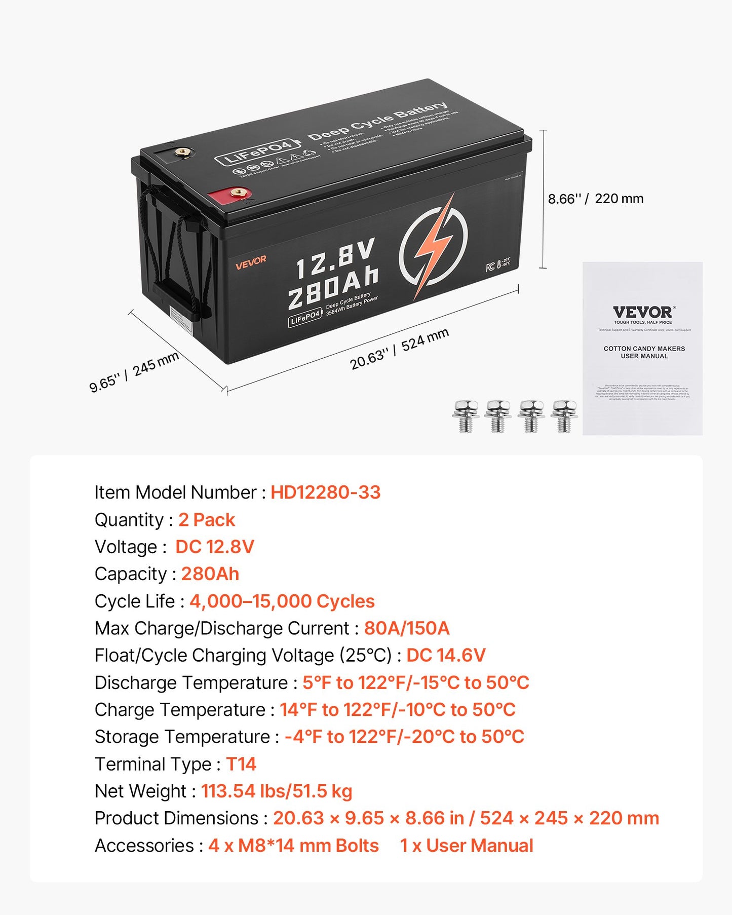 2 Pack 12V 280Ah LiFePO4 Battery, Up to 15000 Cycles, Deep Cycle Lithium Iron Phosphate Battery with Built-in BMS, Low Temp Protection, 10 Years Lifetime, for Solar Off-Grid Home Energy Storage