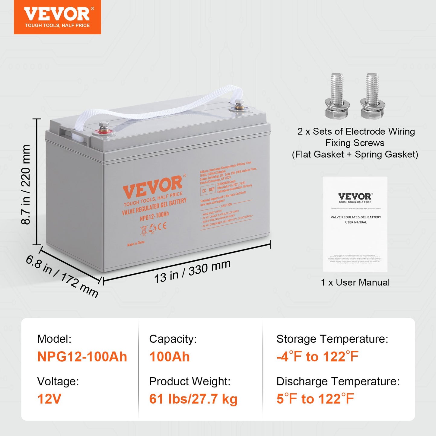 Deep Cycle Battery, 12V 100 AH, AGM Marine Rechargeable Battery, High Self-Discharge Rate 800A Current, for RV Solar Marine Off-Grid Applications UPS Backup Power System