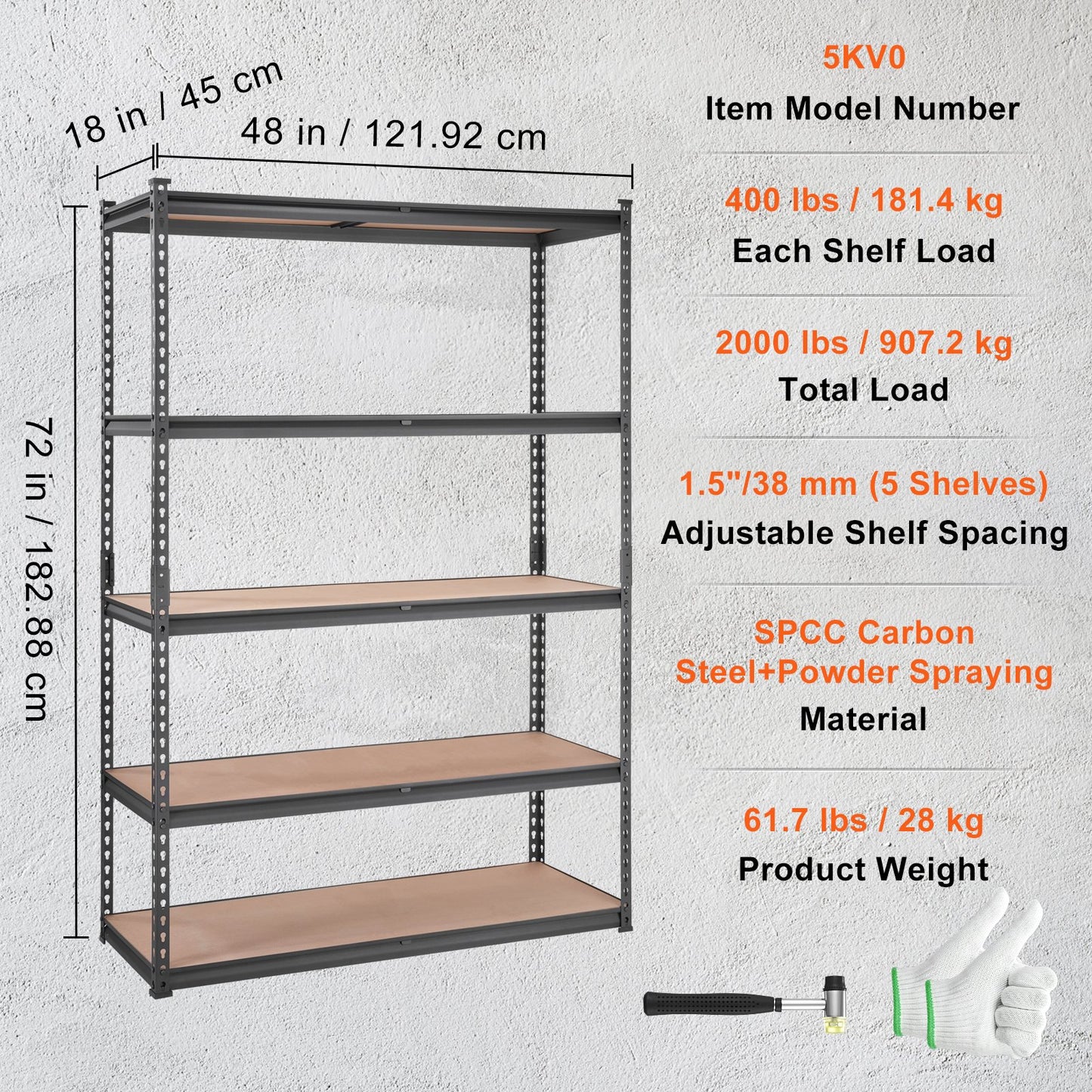 Storage Shelving Unit, 5-Tier Adjustable, 2000 lbs Capacity, Heavy Duty Garage Shelves Metal Organizer Utility Rack, Black, 18" D x 48" W x 72" H for Kitchen Pantry Basement Bathroom Laundry