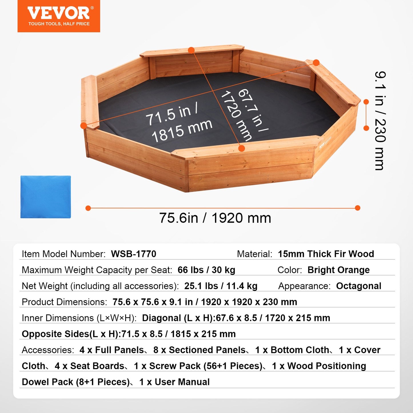 Wooden Sandbox with Cover, 75.6 x 75.6 x 9.1 in Octagonal Sand Box, Sand Pit with 4 Seating and Bottom Liner, Kids Sandbox for Outdoor Backyard, Beach, Park, Gift for Boys Girls Ages 3-12