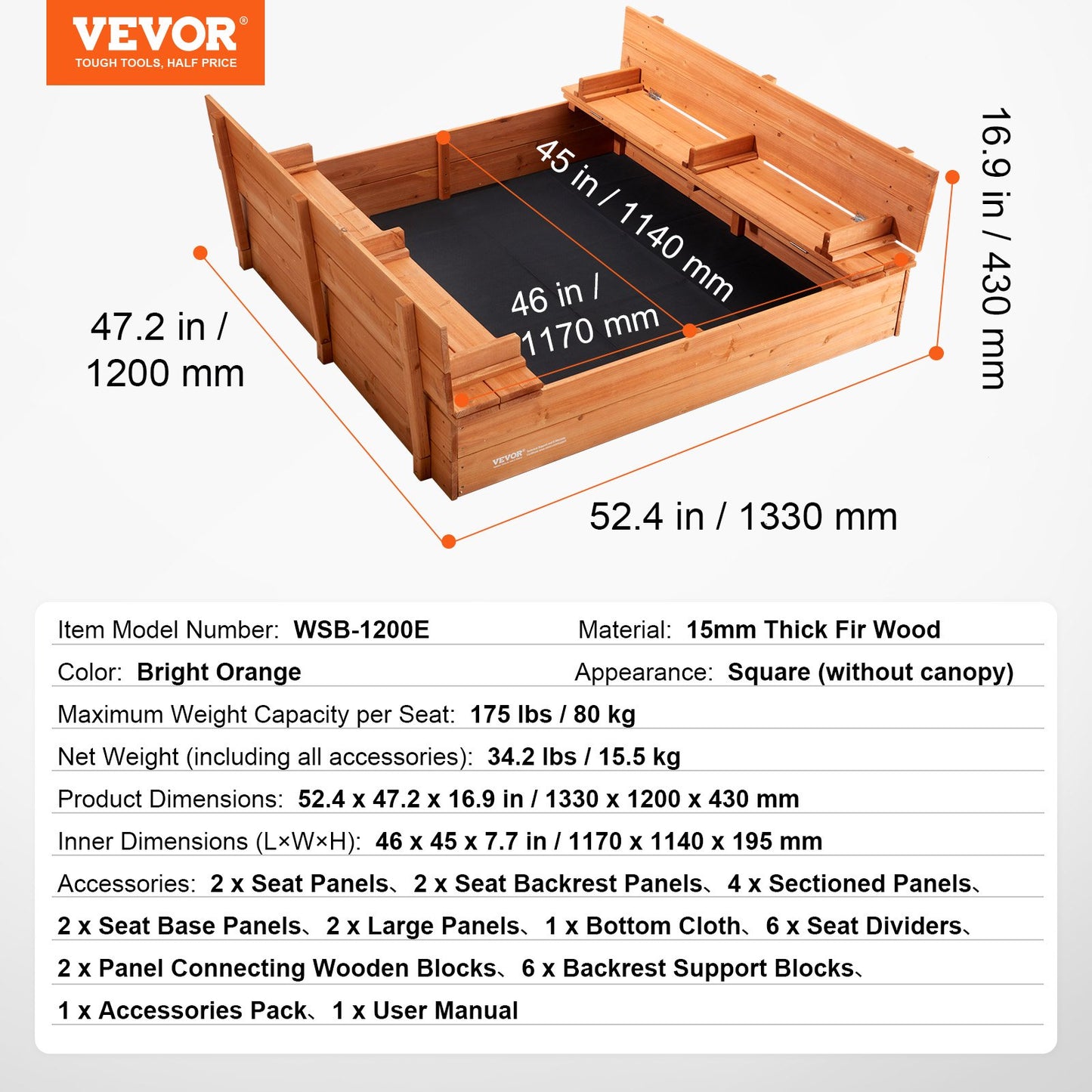 Wooden Sandbox, 52.4 x 47.2 x 16.9 in Sand Box, Sand Pit with Foldable Bench Seats and Bottom Liner, Natural Wood Kids Sandbox for Outdoor Backyard, Beach, Park, Gift for Boys Girls Ages 3-12