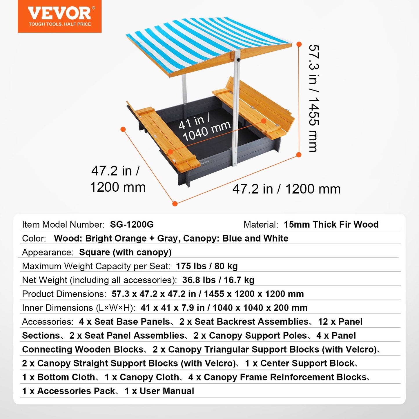 Wooden Sandbox with Canopy, 57.3 x 47.2 x 47.2 in Sand Box, Sand Pit with Foldable Bench Seats and Bottom Liner, Natural Wood Kids Sandbox for Outdoor Backyard, Beach, Park, Gift for Ages 3-12