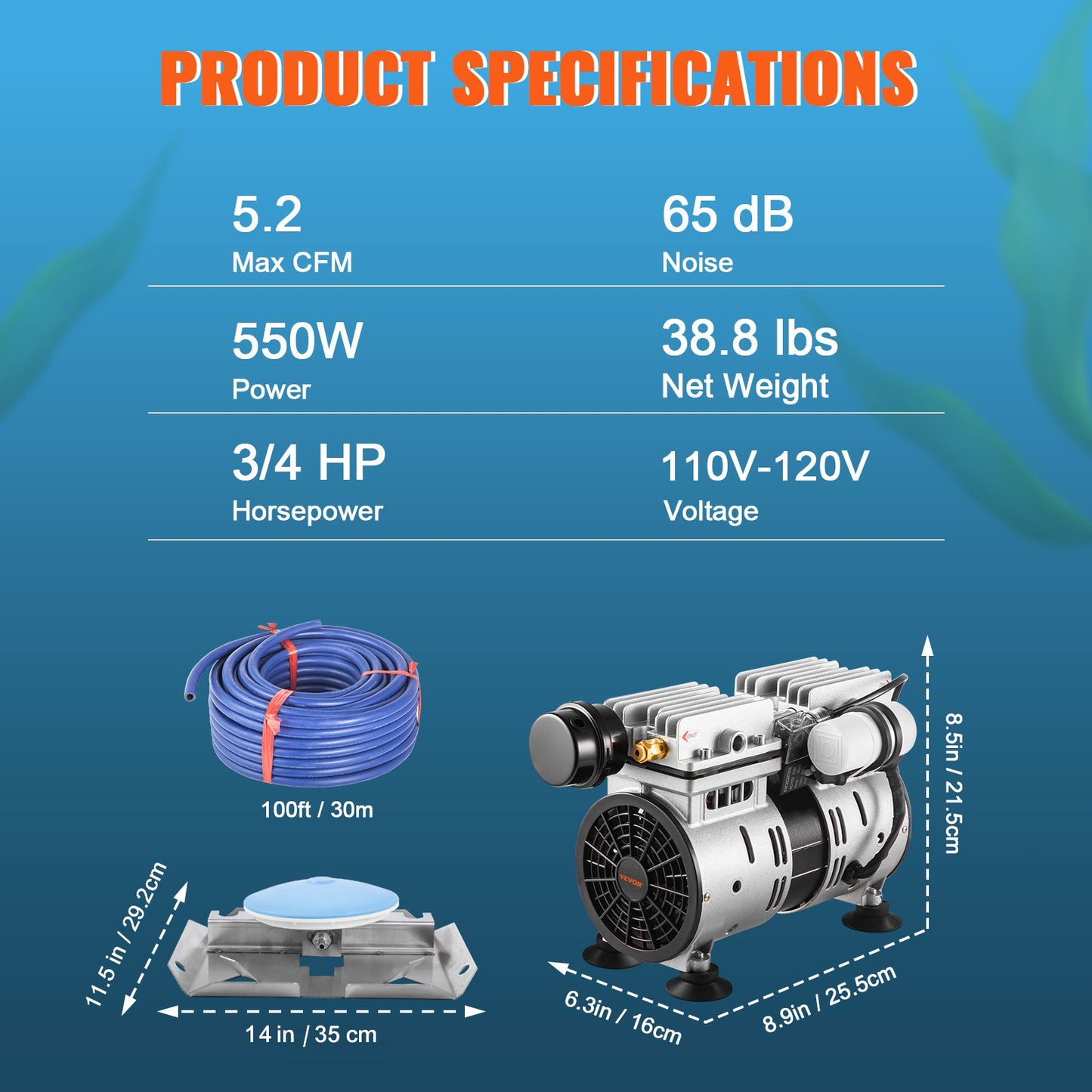 Pond Aerator, 550W Power, 5.2CFM for Up to 1 Acre 50' Lake, Pond Aeration Kit Includes 3/4 HP Compressor & 100' Weighted Tubing & Diffuser, Air Compressor for Deep Water Oxygen Circulation