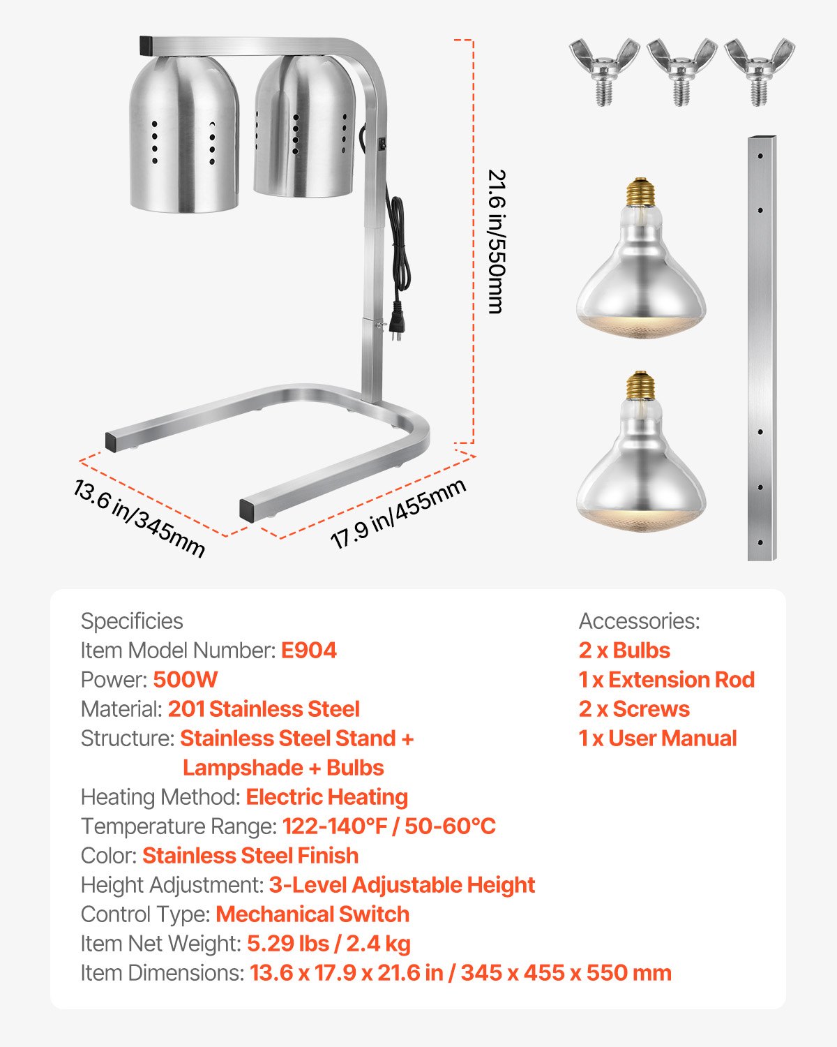 Food Heat Lamp, 500W Bulbs, Commercial Food Warmer Light, Electric Stainless Steel French Fry Heating Lamp, Free-standing, Catering Food Warming Equipment for Kitchen Buffet Restaurant, Silver