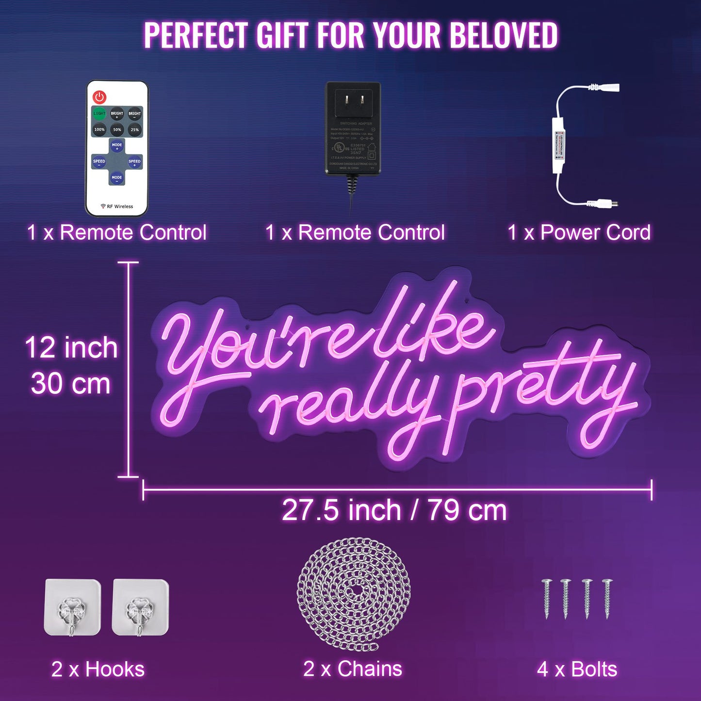 You're Like Really Pretty Neon Sign, 27.5" x 12" Pink LED Neon Signs for Wall Decor, Large Lights Sign with Remote Control and Power Adapter, Used for Party, Wedding, Living Room, Office