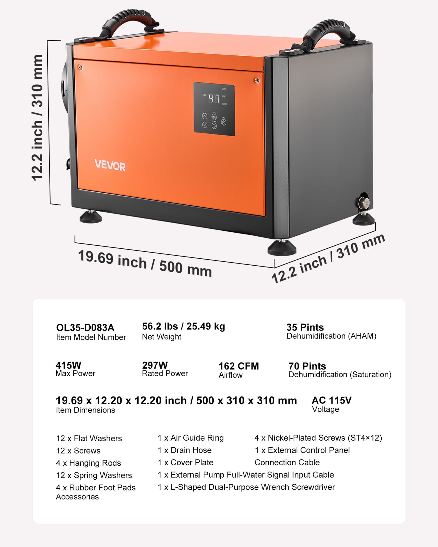 70 Pints Commercial Dehumidifier with Drain Hose, Portable Crawl Space Dehumidifiers for Basement Storage Room Industrial, Auto Defrost/Drainage, Heavy-duty Galvanized Steel, LED Indicate