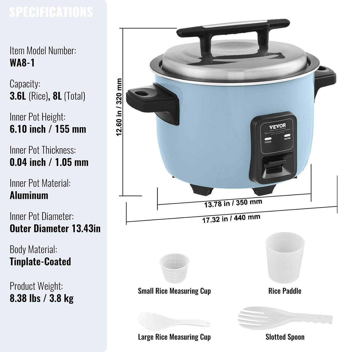 Commercial Rice Cooker 40-Cup Non-Stick Pot 8L 24H Keep Warm Restaurant