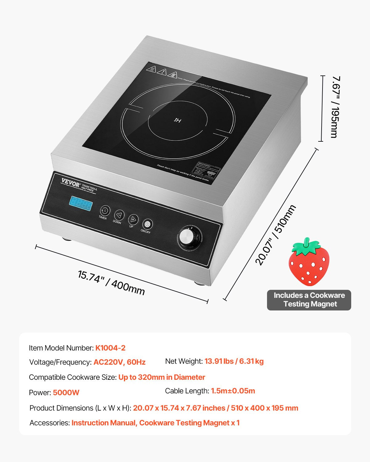 Portable Induction Cooktop, 5000W Commercial Induction Burner with 16 Temperature Settings, Stainless Steel Countertop Induction Hot Plate with 4H Timer, Child Lock, for Restaurant Cooking
