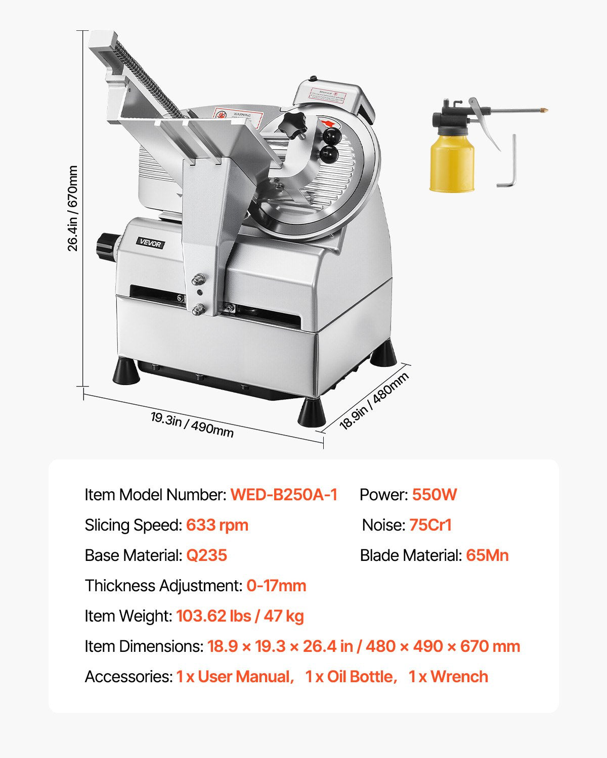 Automatic Meat Slicer, 500W, Electric Deli Slicer Machine with 10 inch Sharp 75Cr1 Steel Blade, 0-0.67 inch Adjustable Thickness, 633 RPM Fast Slicing, for Frozen Meat, Cheese, and Bread