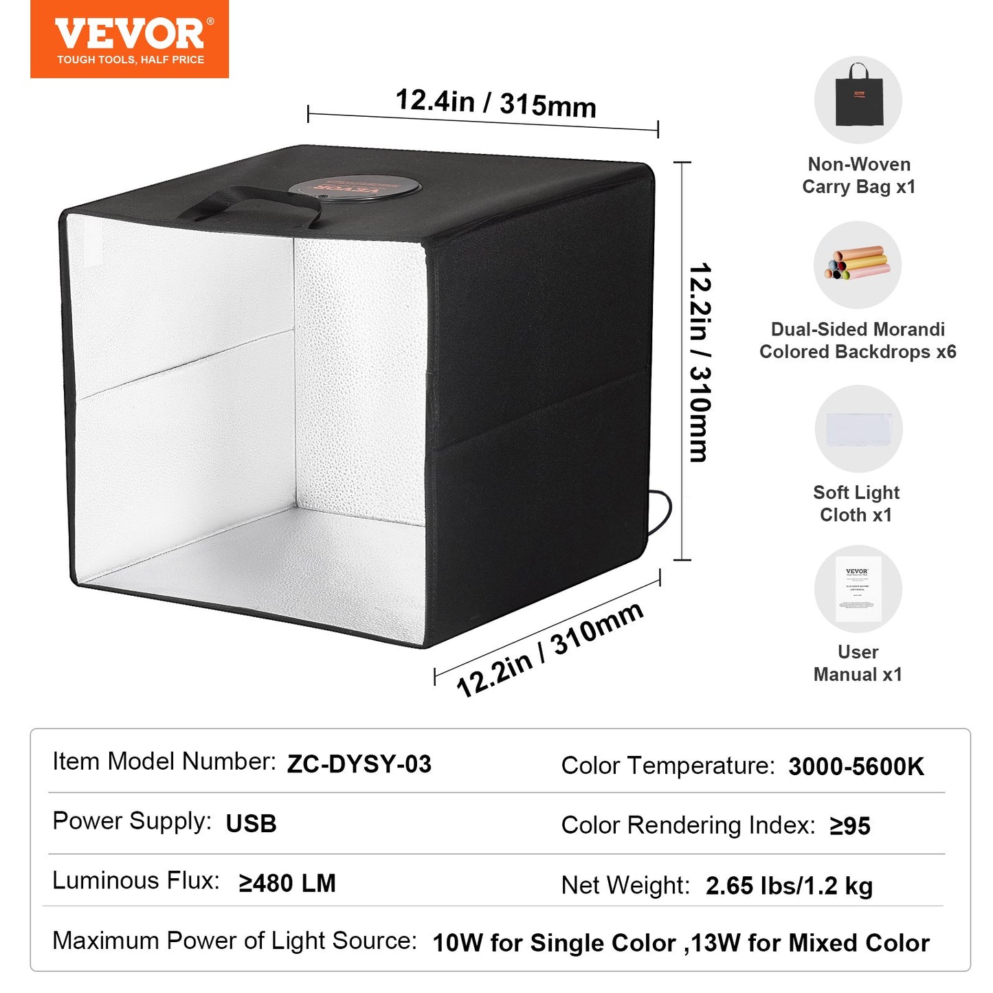 Photo Studio Light Box, 12" x 12", 3000-5600K Adjustable 3 Color Temperatures Professional Shooting Tent Kit with 120 LED 6 Double-Sided Color Backdrops, High CRI ≥ 95 for Small Size Products