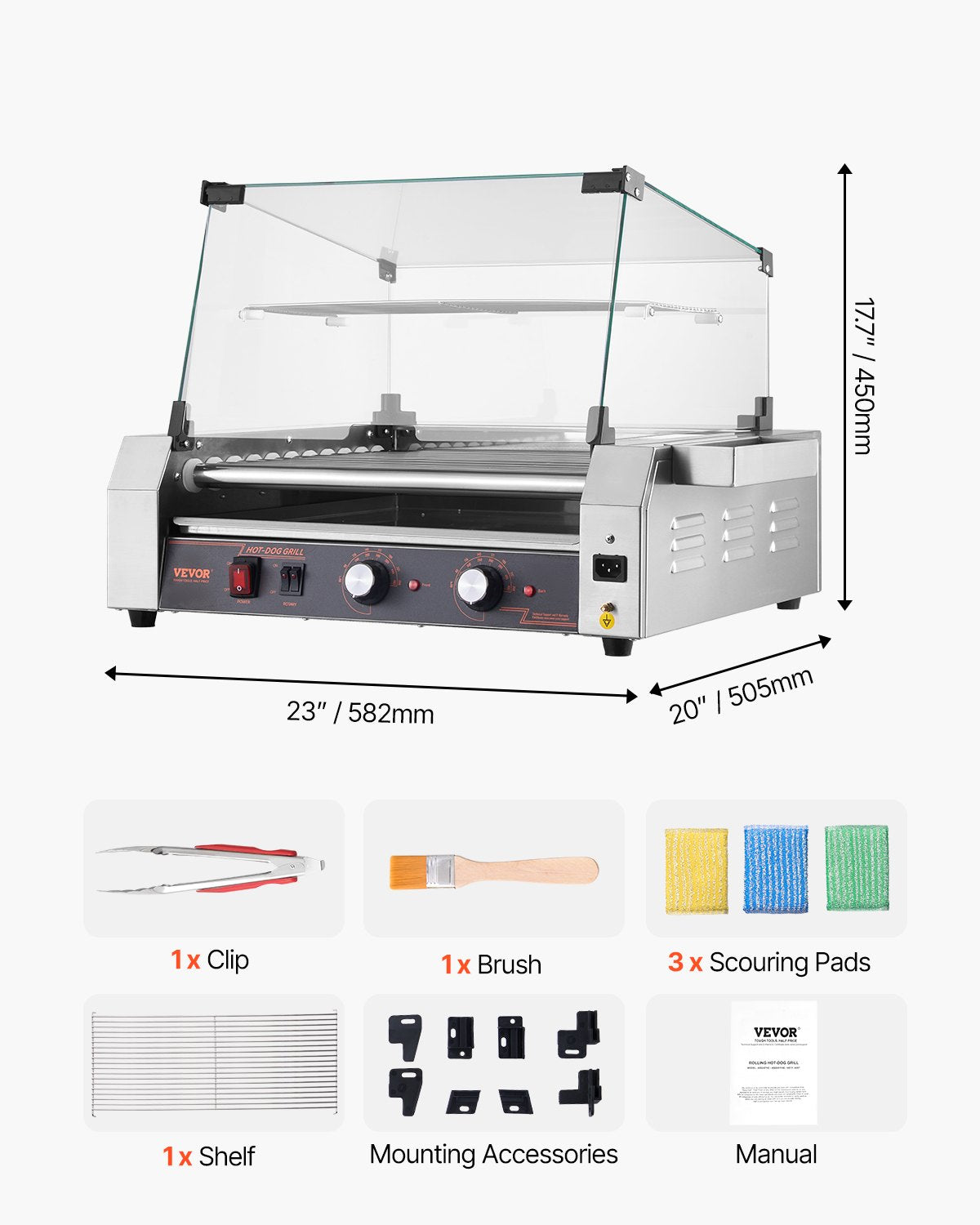 Hot Dog Roller, 30 Hot Dog 11 Rollers, Stainless Steel Sausage Grill Cooker, 1600W Commercial Hot Dog Machine with Dual Temp Control, Cover, Side Storage Box, Removable Shelf & Oil Drip Tray