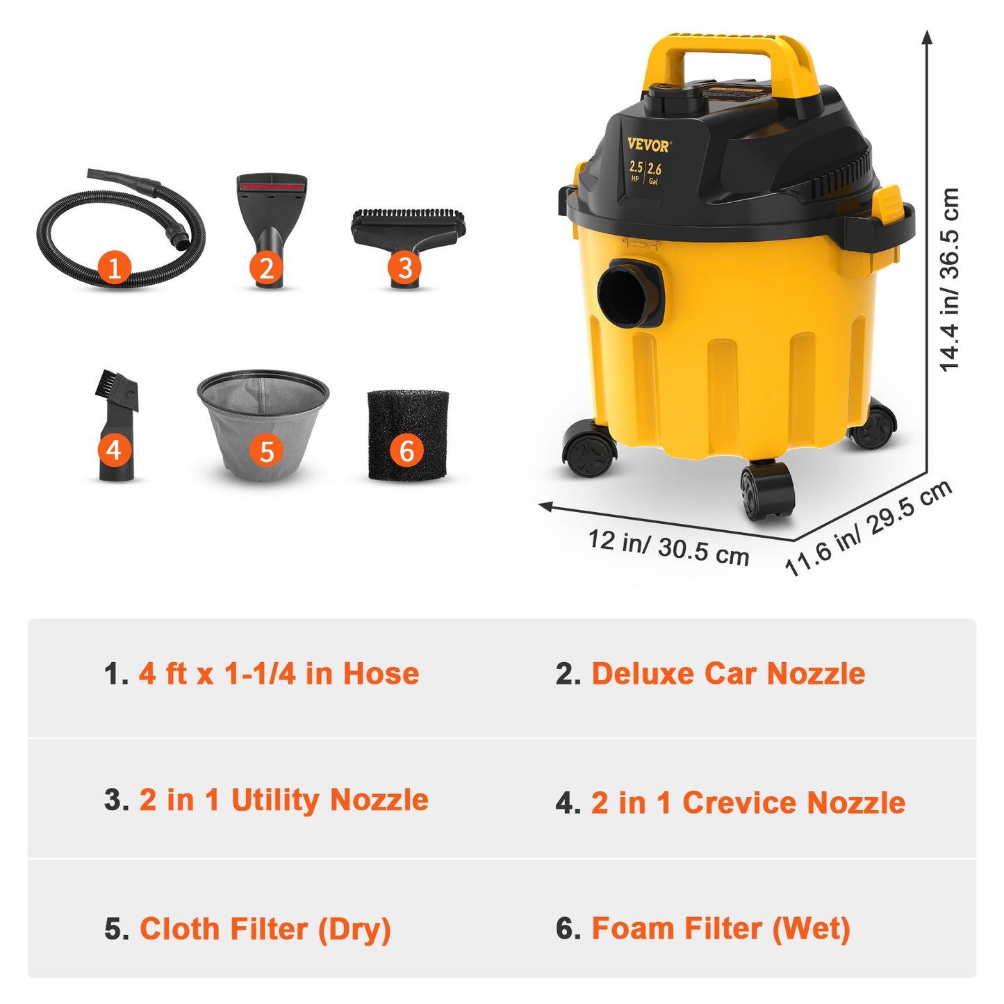 Wet Dry Vac, 2.6 Gallon, 2.5 Peak HP, 3 in 1 Portable Shop Vacuum with Blowing Function, Attachments Storage, Perfect for Cleaning Floor, Upholstery, Gap, Car, Black/Yellow, ETL Listed