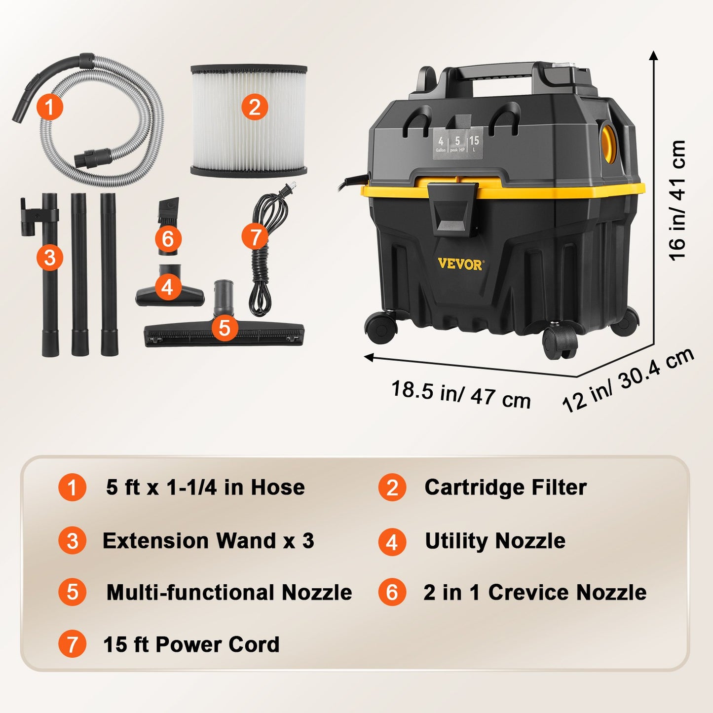 Wet Dry Vac, 4 Gallon, 5 Peak HP, 3 in 1 Shop Vacuum with Blowing Function Portable Attachments to Clean Floor, Upholstery, Gap, Car, ETL Listed, Black/Yellow