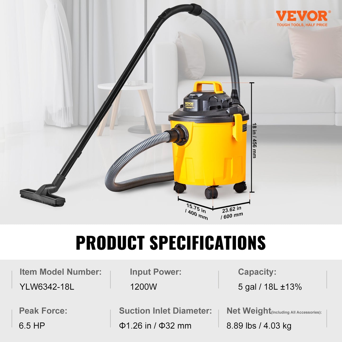 Shop Vacuum Wet And Dry, 5 Gallon 6 Peak HP Wet/Dry Vac, Powerful Suction with Blower Function with Attachments 2-in-1 Crevice Nozzle, Small Shop Vac Perfect for Carpet Debris, Pet Hair, Car