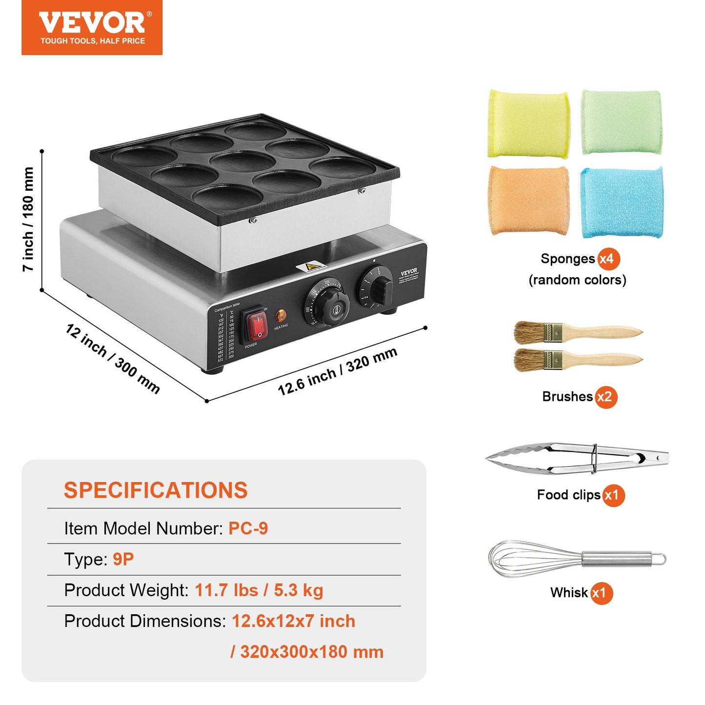Dutch Pancake Maker, 9PCS 76mm Diameter Dorayaki Baker Machine, 850W Commercial Electric Poffertjes Grill, Non-stick Stainless Steel, Temp & Time Control, for Home Kitchen Restaurant Snack Bar