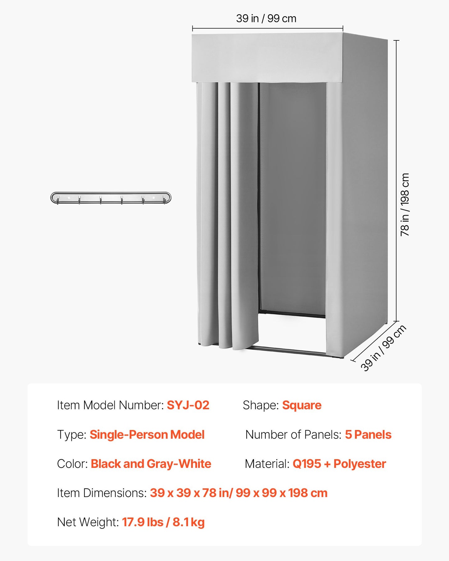 Fitting Room, Dressing Room with Thick Polyester Curtains, Privacy Space with Shading Curtain and a Hook, for Boutique, Mall, Tailor's Store & Outdoor 39 x 39 x 78 in (Black and Gray-White)