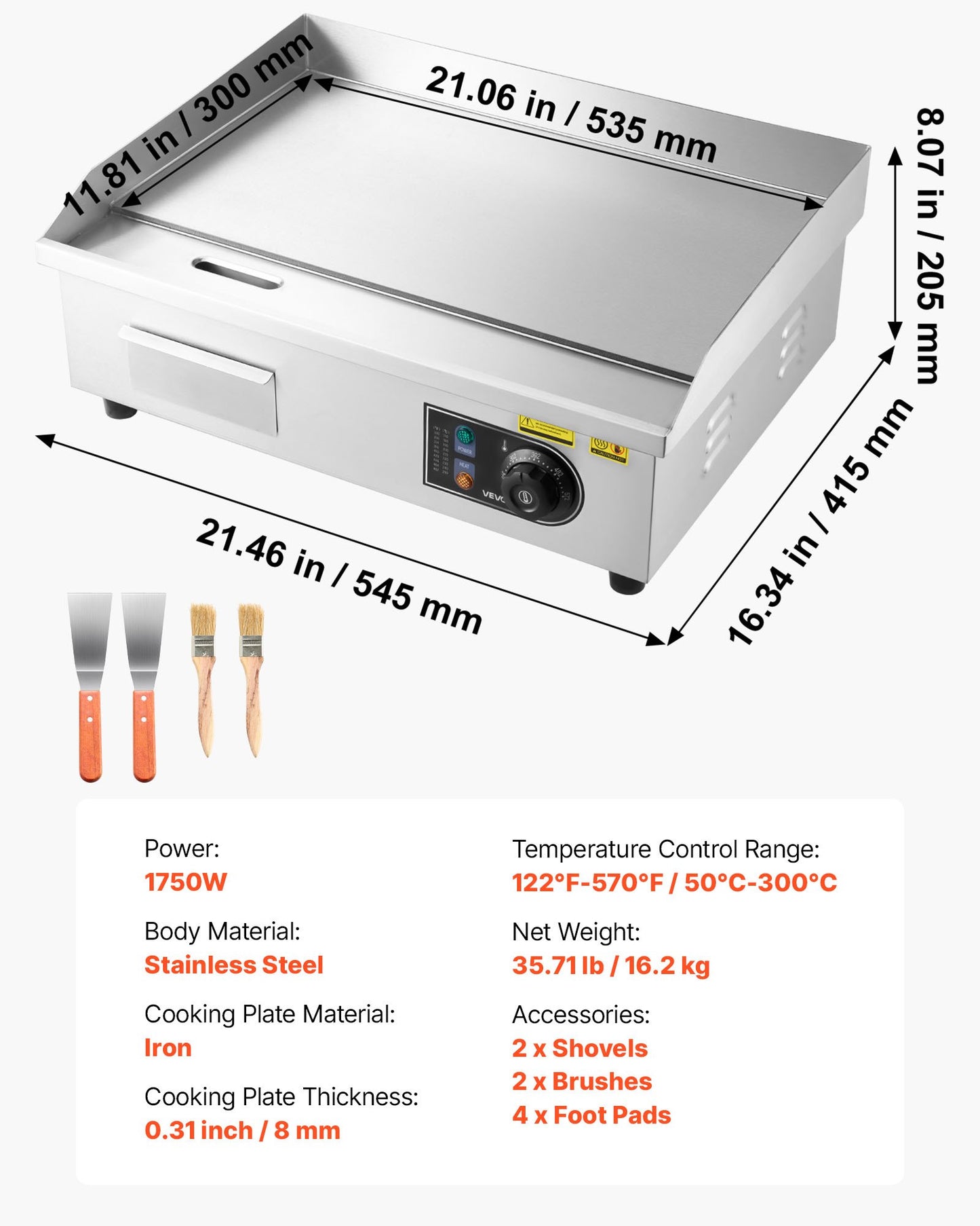 Commercial Electric Griddle, 21 x 11.8 inch, 1750W, 122-570°F Adjustable Temp Control, Stainless Steel Countertop Flat Top Grill with 2 Spatulas, 2 Brushes and 4 Foot Pads, for Steak, Pancake