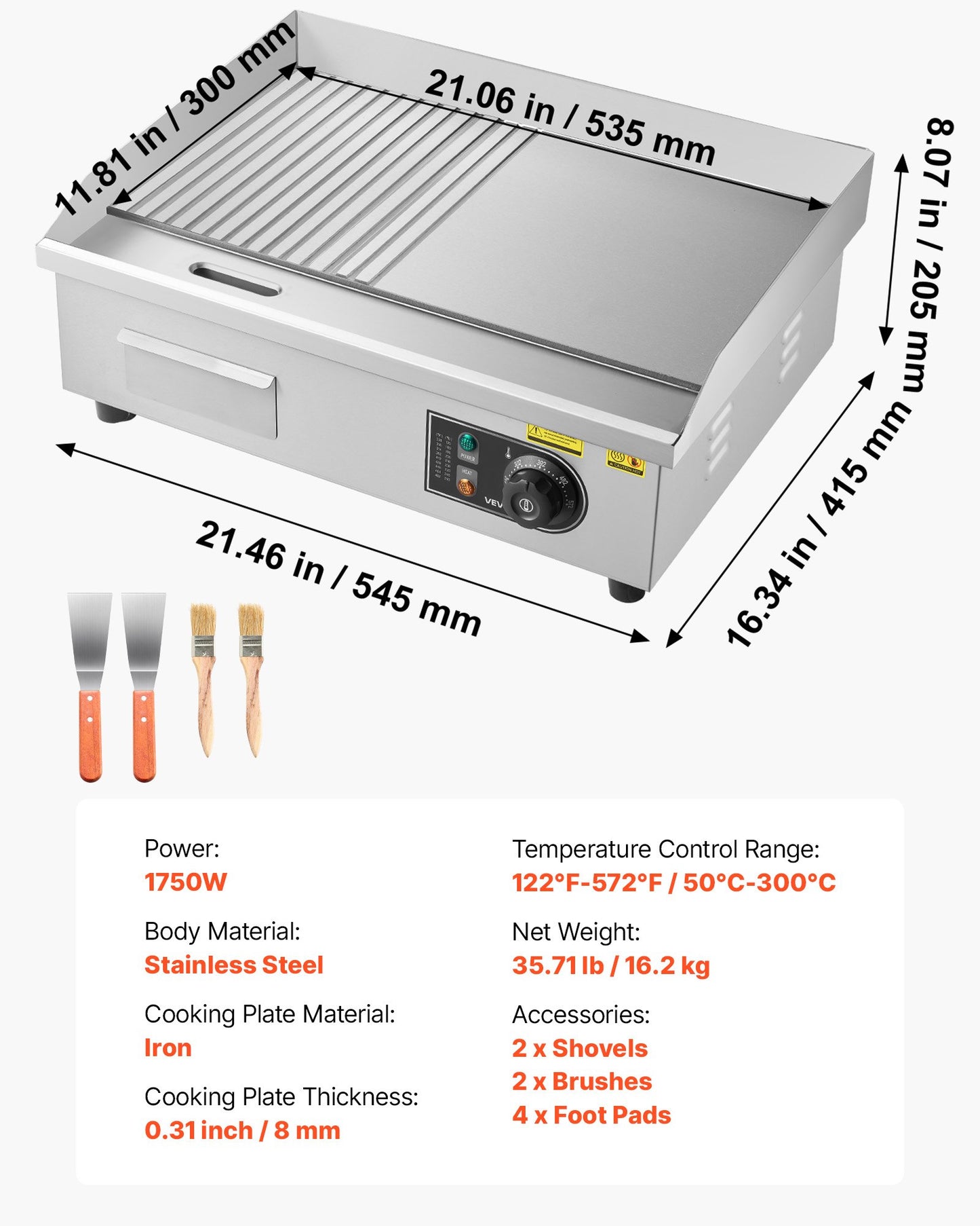 Commercial Electric Griddle, 21.06 x 11.81 inch, 1750W, 122-570°F Adjustable Temp Control, Stainless Steel Body, Half Grooved Half Flat, with 2 Spatulas, 2 Brushes, and 4 Foot Pads, for Steak
