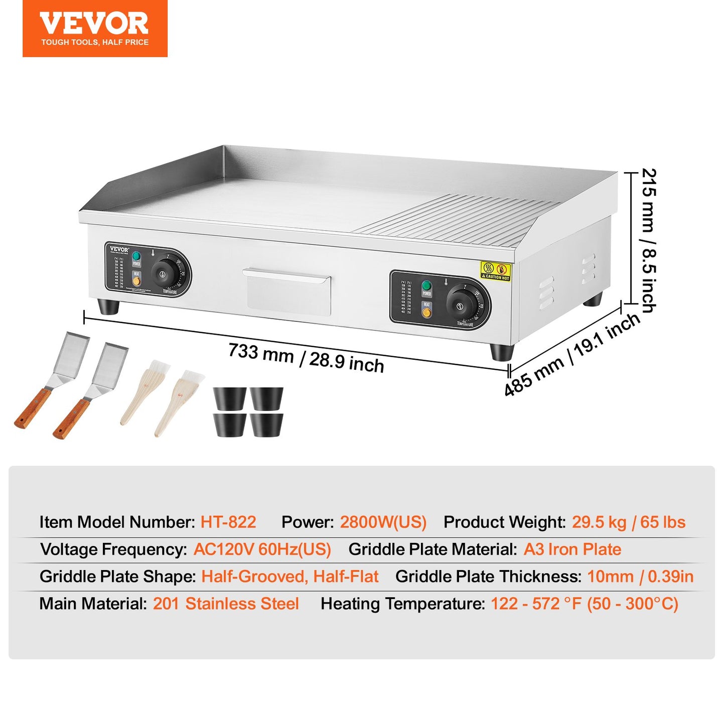 Commercial Electric Griddle, 2800W Countertop Half-Flat Top Grill, 122℉-572℉ Adjustable Temp, 28.74x15.75x0.39in Stainless Steel Griddle Grill with 2 Shovels for Home or Restaurant (No Plug)