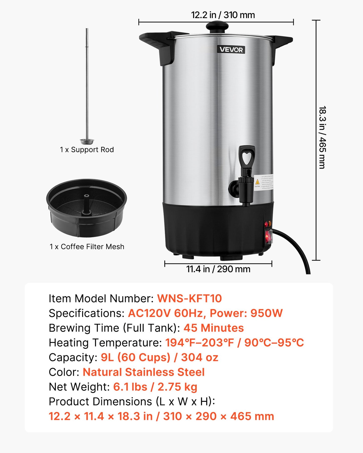 Commercial Coffee Urn, 60 Cup 9 L Hot Beverage Dispenser with Dripless Faucet, Quick-Brewing Stainless Steel Large Commercial Coffee Maker, for Catering, Business, Party, Church & Restaurant