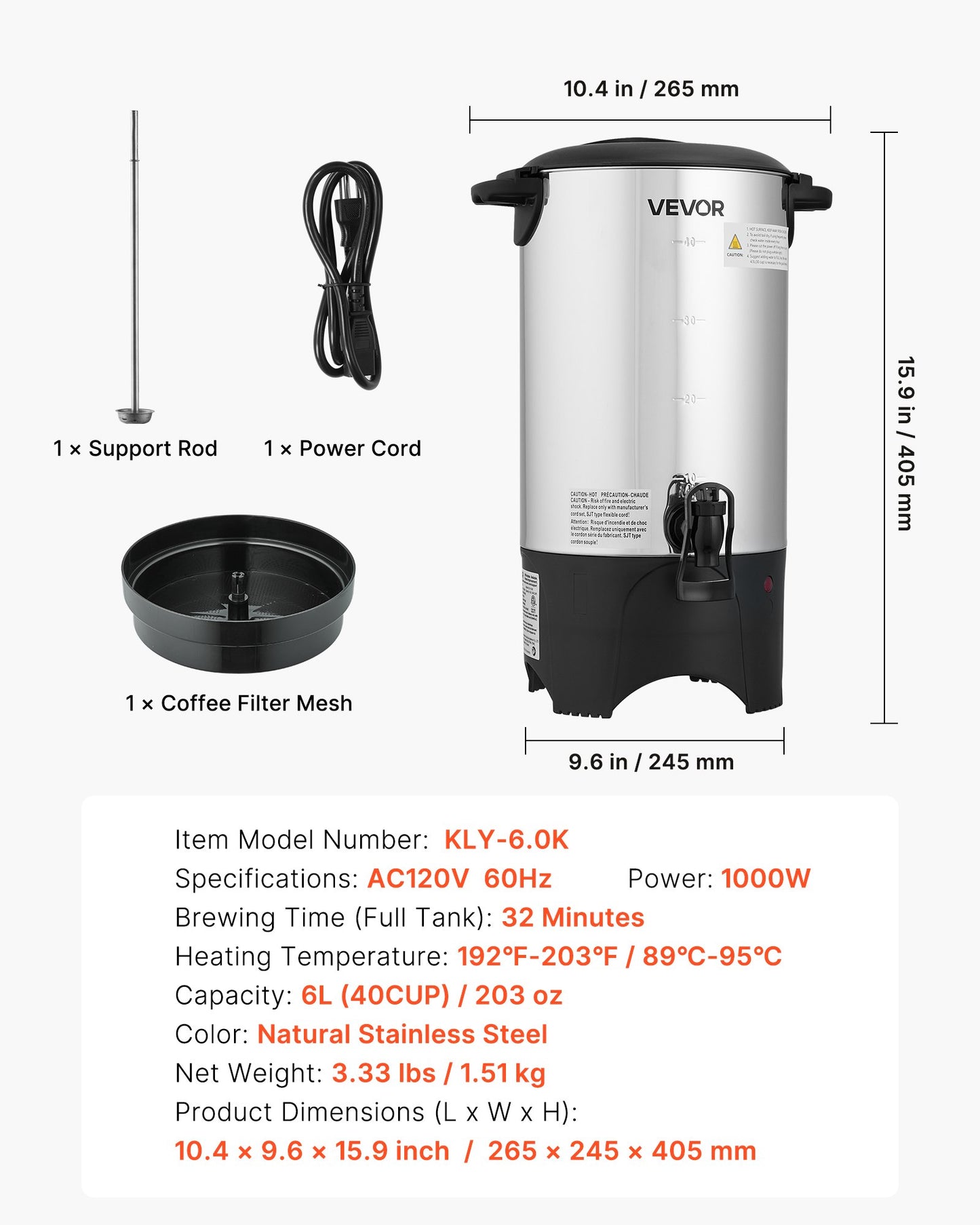 Commercial Coffee Urn, 40 Cup 6 L Hot Beverage Dispenser with Dripless Faucet, Quick-Brewing Commercial Coffee Maker, with Stainless Steel Liner, for Catering, Business, Church & Restaurant