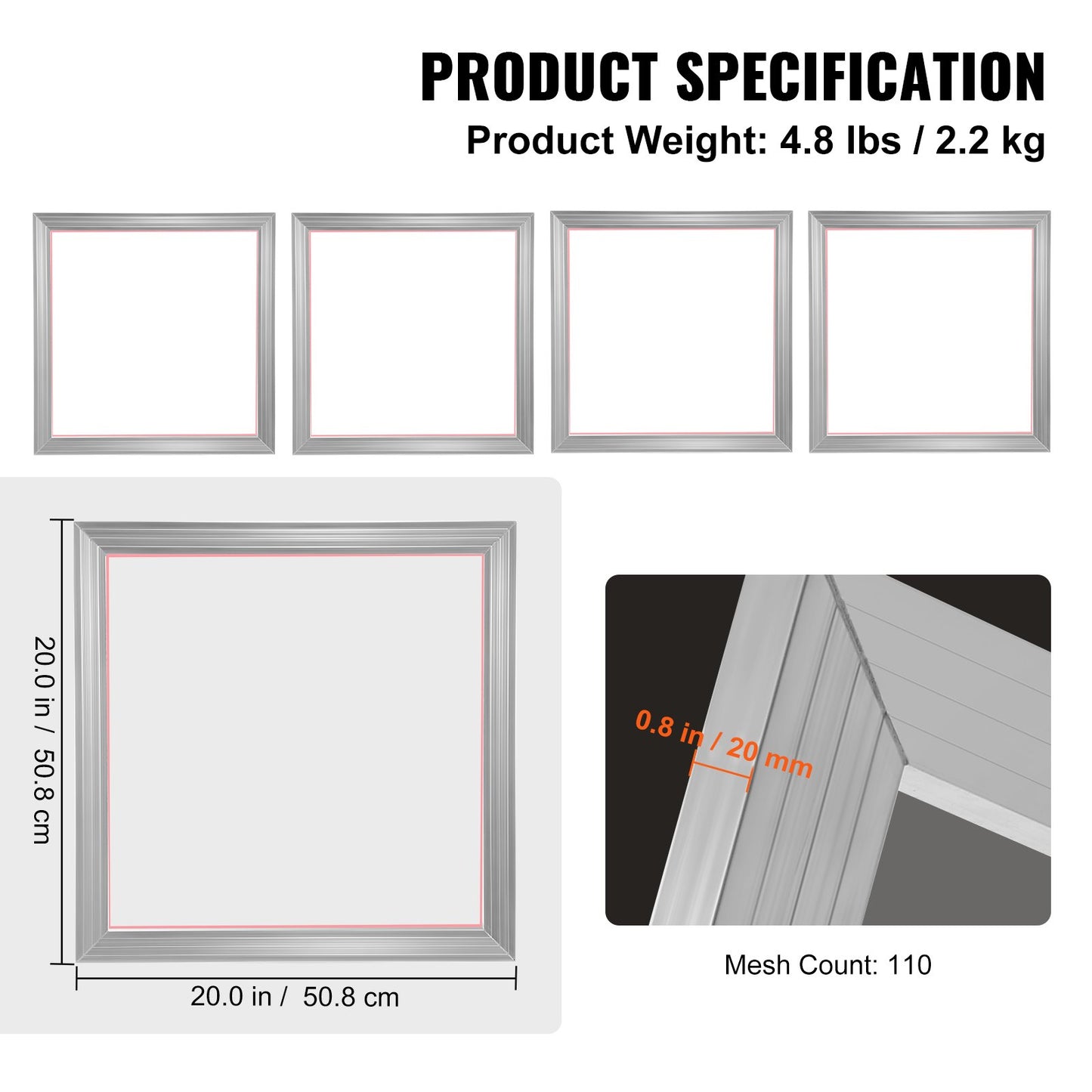 Screen Printing Kit, 4 Pieces Aluminum Silk Screen Printing Frames, 20x20inch Silk Screen Printing Frame with 110 Count Mesh, High Tension Nylon Mesh and Sealing Tape for T-shirts DIY Printing