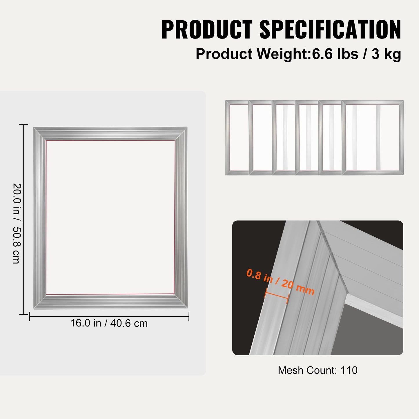 Screen Printing Kit, 6 Pieces Aluminum Silk Screen Printing Frames, 16x20inch Silk Screen Printing Frame with 110 Count Mesh, High Tension Nylon Mesh and Sealing Tape for T-shirts DIY Printing