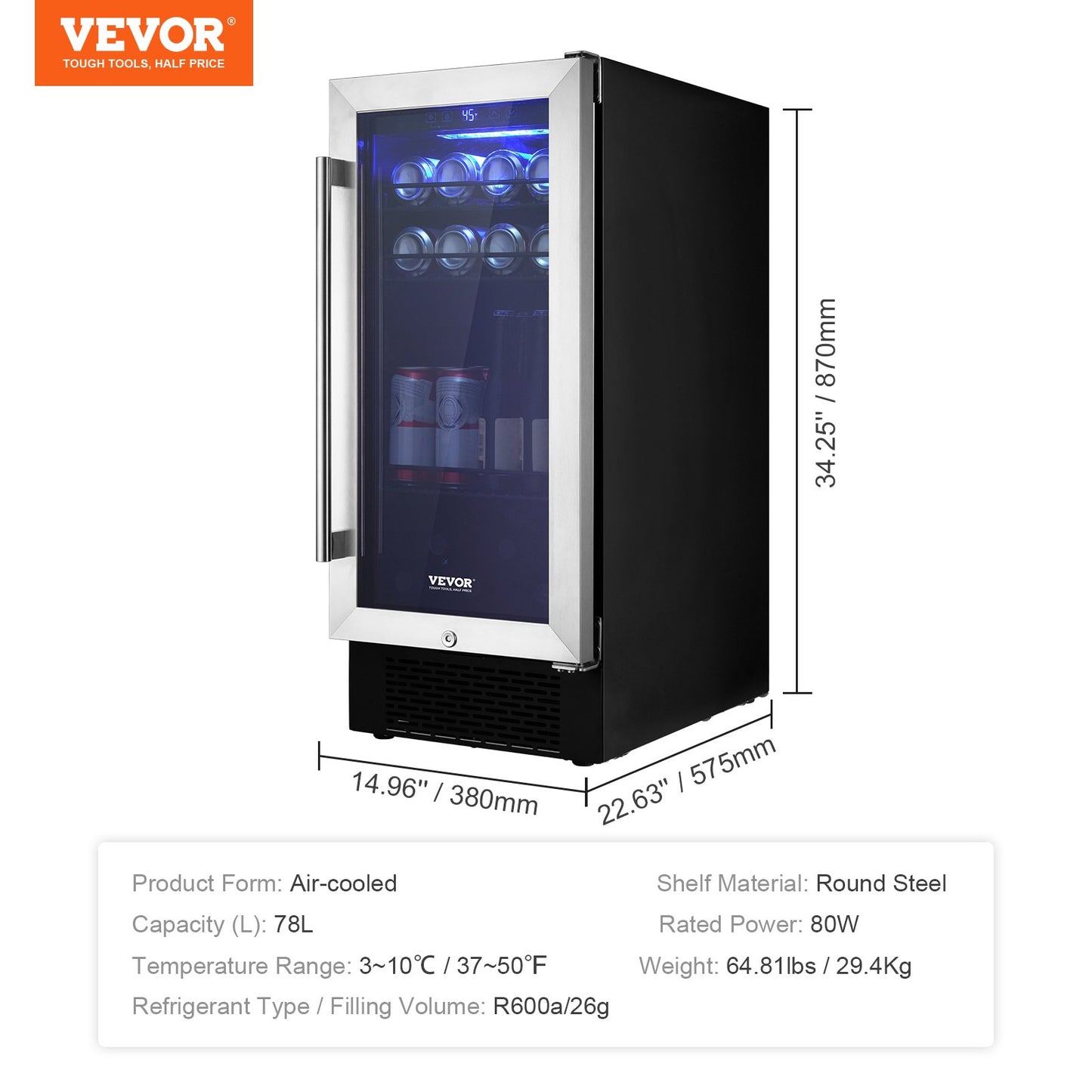Wine Cooler, 96 Cans Capacity Under Counter Built-in or Freestanding Wine Refrigerator, Beverage Cooler with Blue LED Light, Single Door, Child Lock for Drink Beer Soda Wine Water, ETL Listed