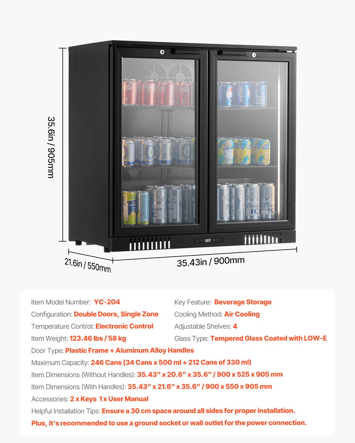 Beverage Refrigerator Cooler, 246 Can Beverage Fridge, Soda Beer Fridge with Glass Doors, Adjustable Shelves, Digital Temperature Control, Built-in or Freestanding Fridge for Restaurant & Bar