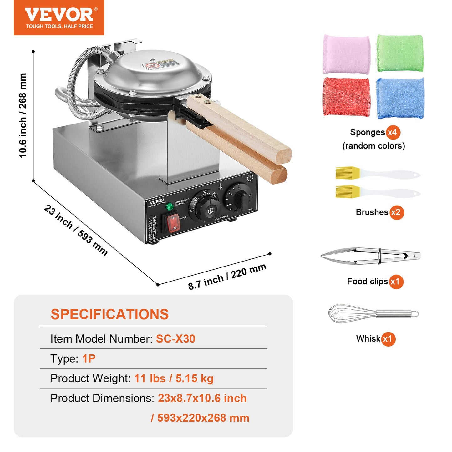 Commercial Bubble Waffle Maker, 1400W Egg Pancake Baker Machine, Non-Stick Stainless Steel Egg Bubble Puff, 180° Rotatable, Temp and Time Control, Wooden Handle, for Restaurant Bakery Snack Bar