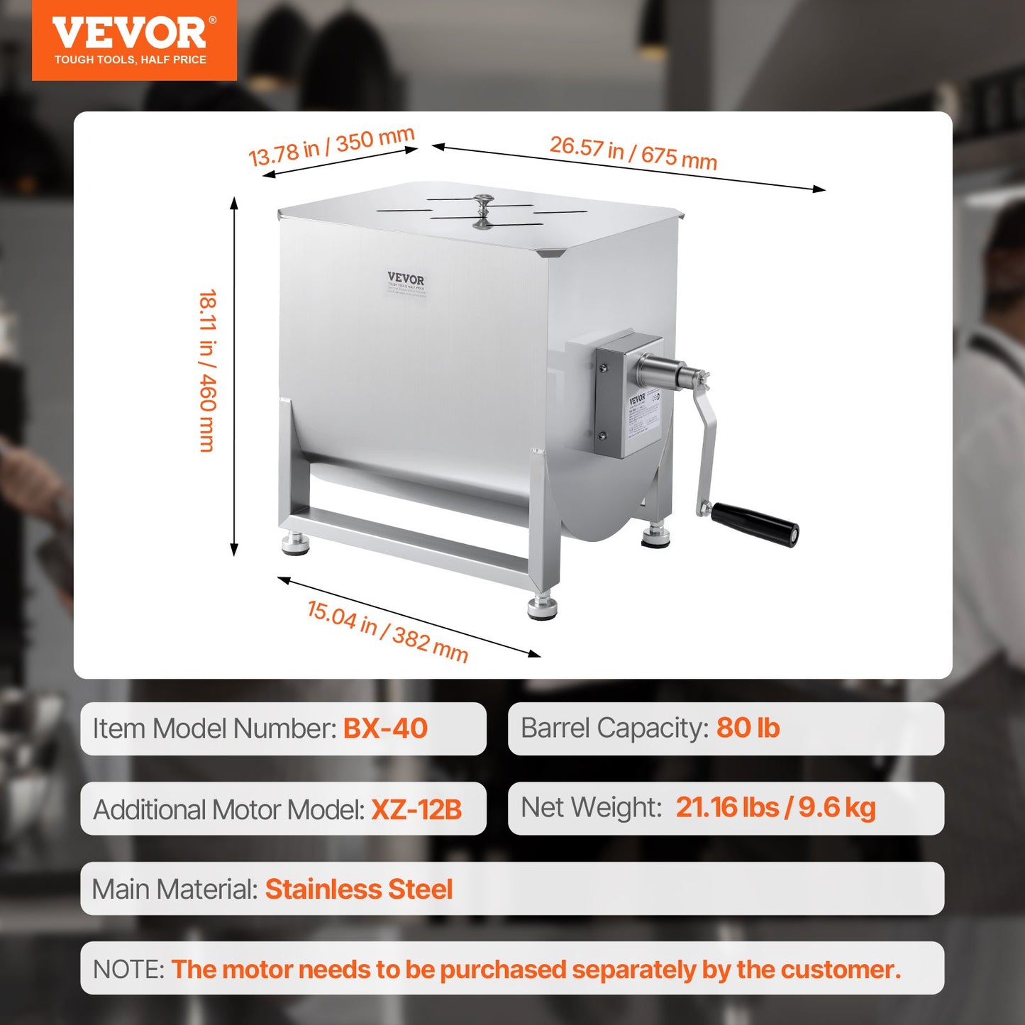 Manual Meat Mixer, 80L Fixed Tank Meat Processing Equipment(Mixing Max 80LBS for Meat), Stainless Steel Meat Mixer, Sausage Mixer Machine with Lid Handle Gear Reducer, Ground Beef Hand Mixer