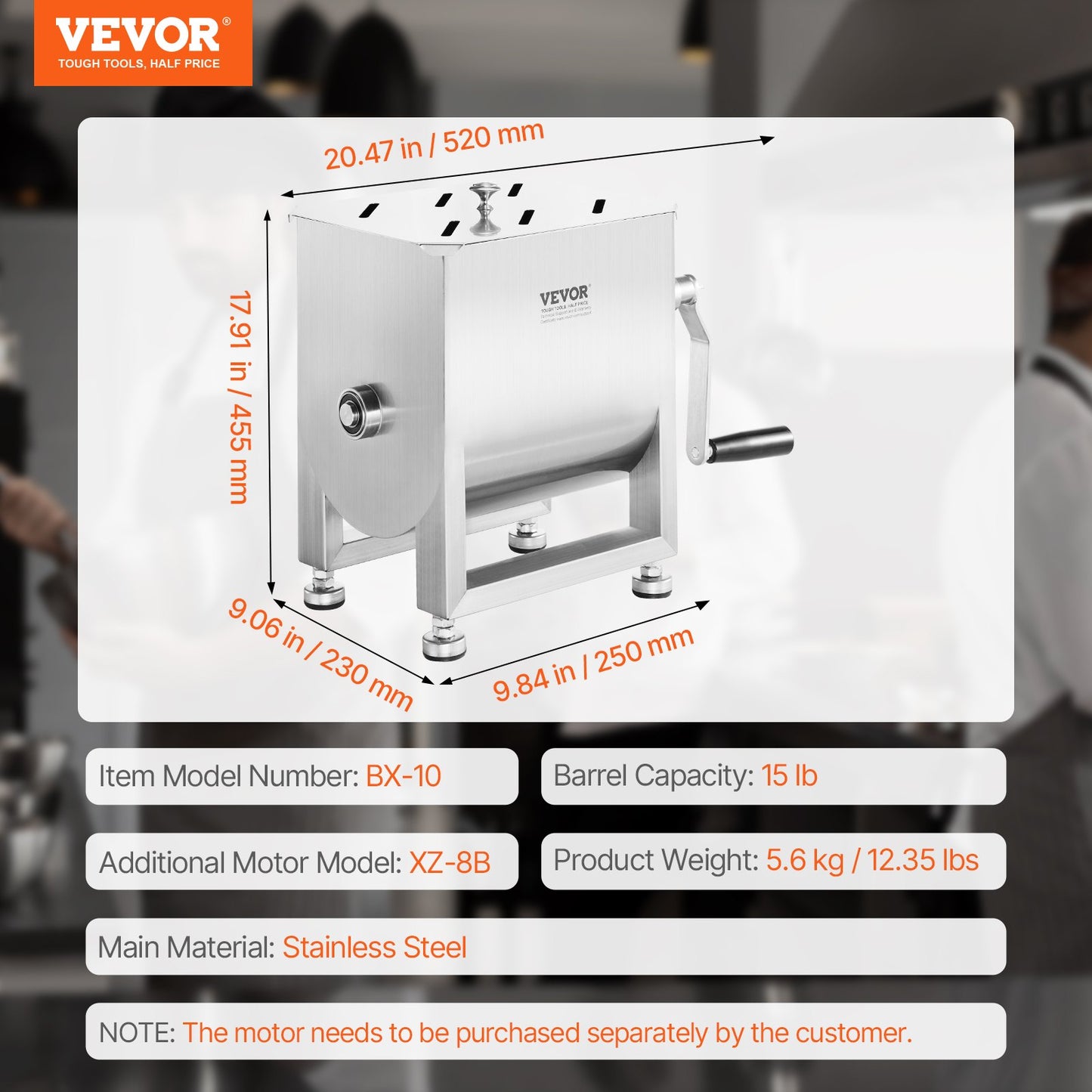 Manual Meat Mixer, 15L Fixed Tank Meat Processing Equipment(Mixing Max 15LBS for Meat), Stainless Steel Meat Mixer, Sausage Mixer Machine with Lid Handle Gear Reducer, Ground Beef Hand Mixer