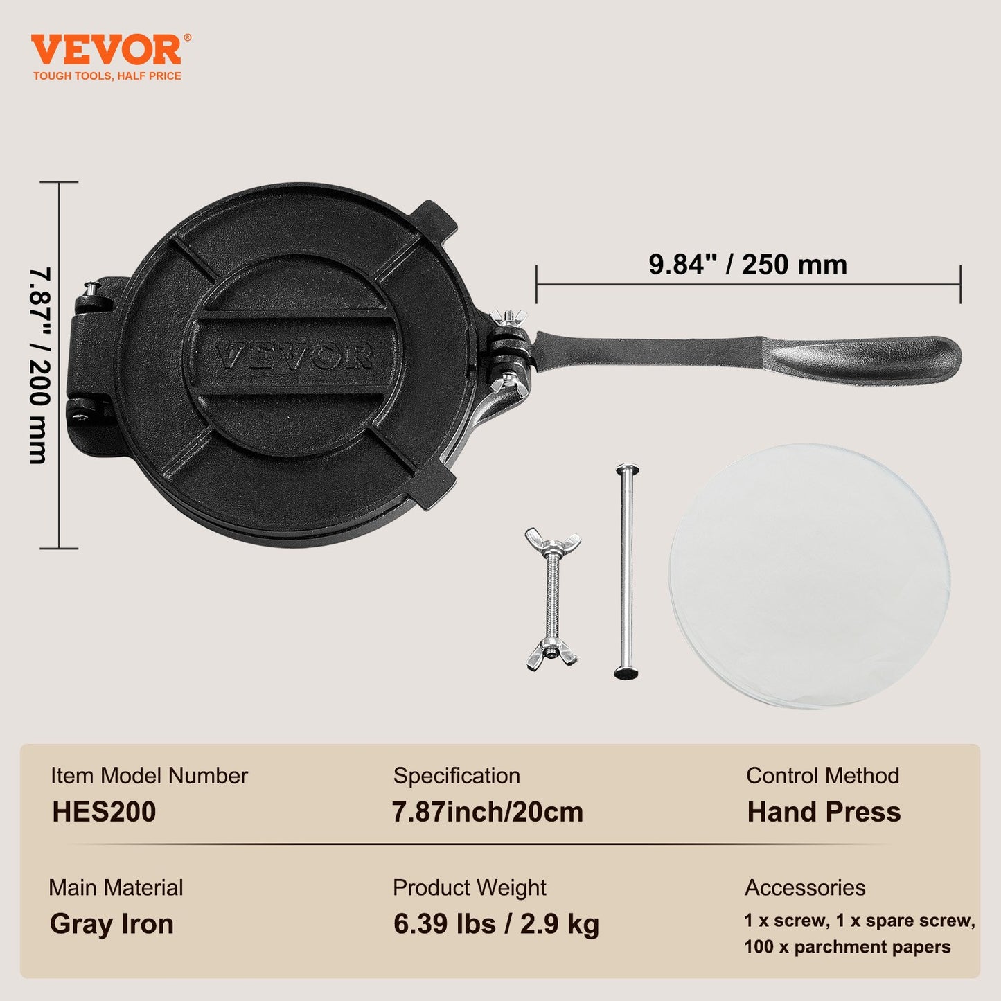 Tortilla Press, 8 Inch Tortilla and Roti Maker, Cast Iron Heavy Duty Tortilladora Press, Pre-Seasoned Pataconera Maker with 100 Pcs Parchment Paper, Dough Maker for Flour Tortilla, Tawa, Silver