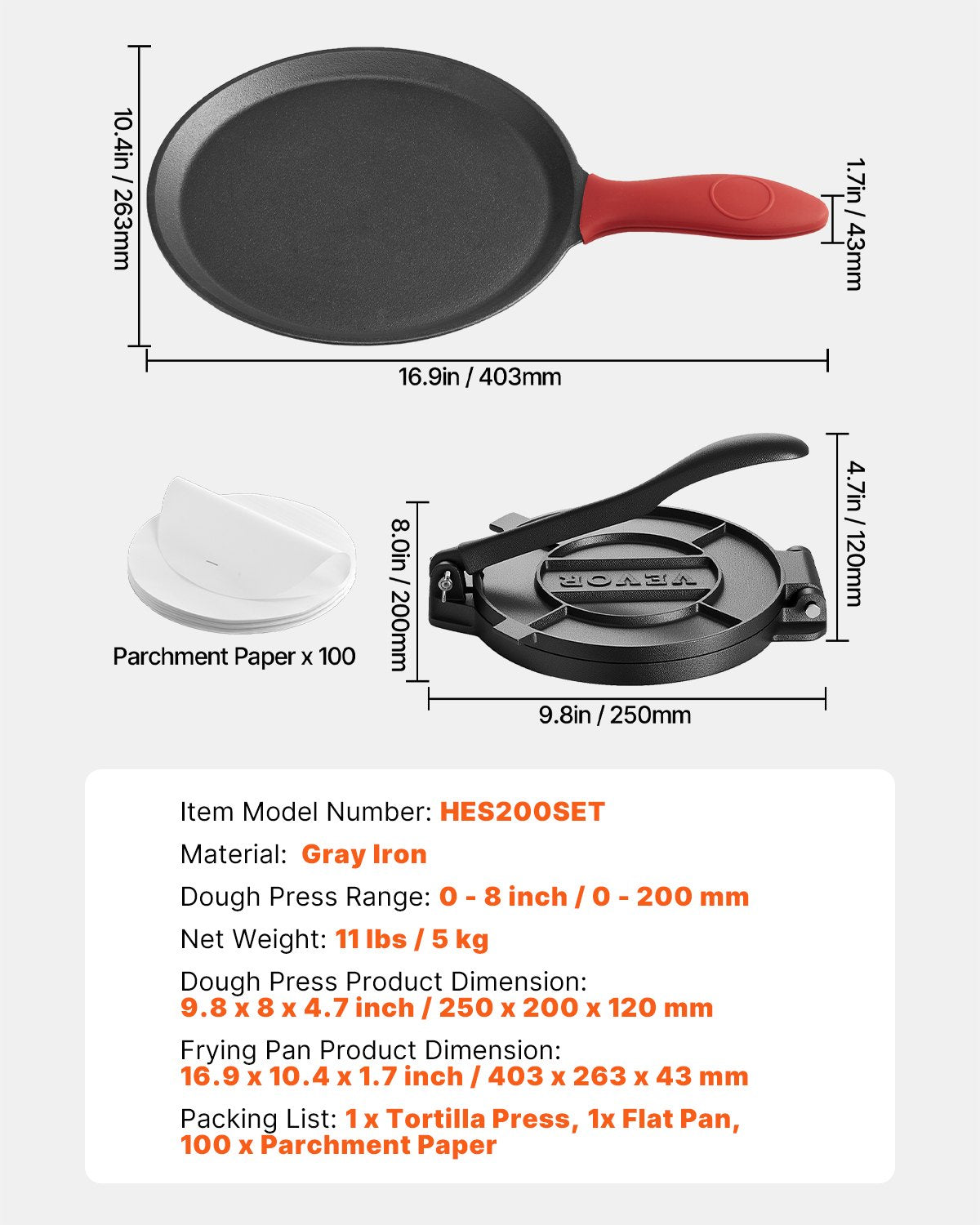 Tortilla Press, 8 Inch Cast Iron Tortilla and Roti Maker, Heavy Duty Tortilladora Press, Pataconera Makers with Handle and 100 Pcs Parchment Paper, Dough Taco Press for Flour Tortilla, Tawa