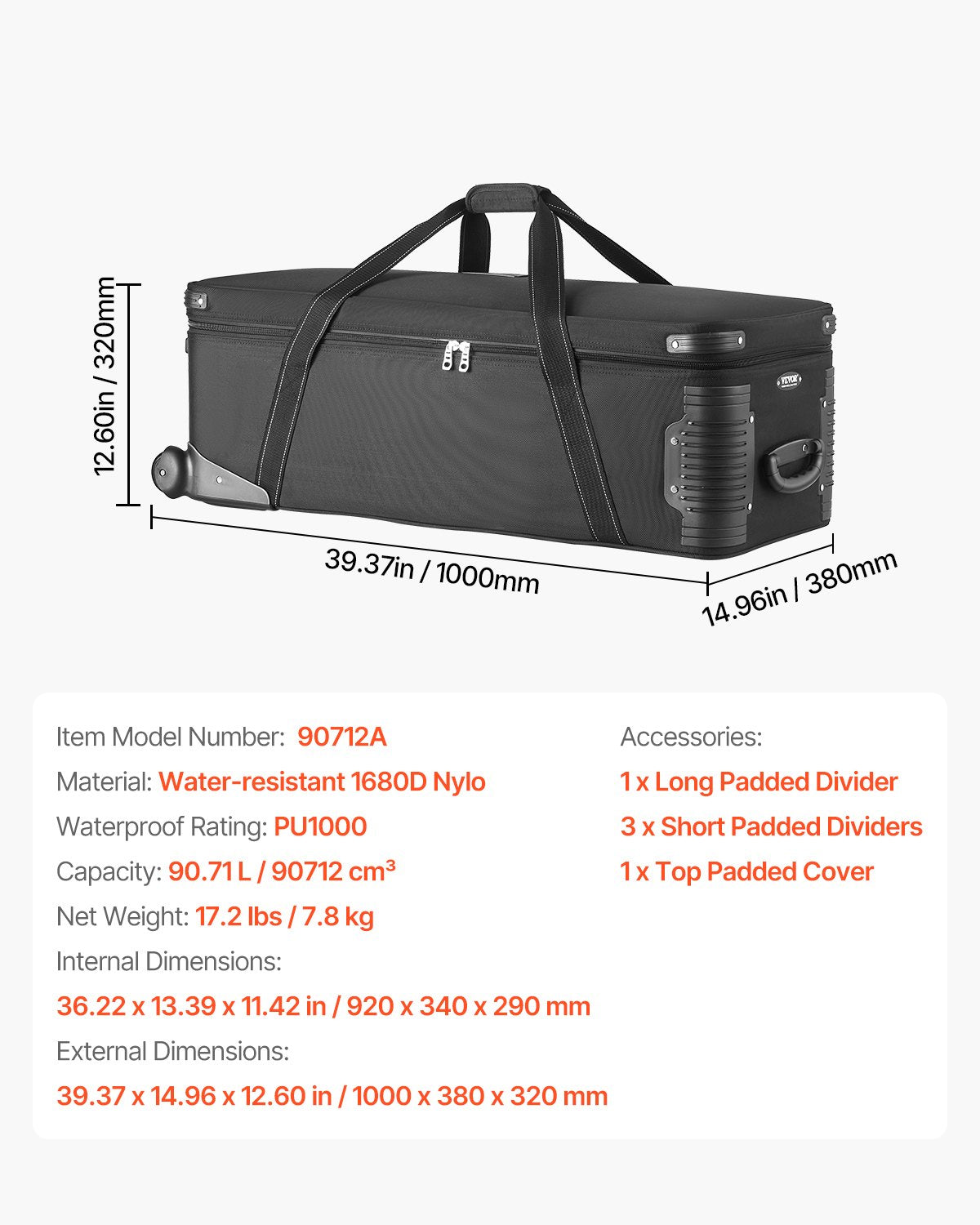 Studio Equipment Trolley Case, 39.37 x 14.96 x 12.60 in / 100 x 38 x 32 cm, Rolling Camera Bag, Carrying Bag with Wheels Straps Padded Compartment Handle, for Light Stands, Tripods, Telescopes
