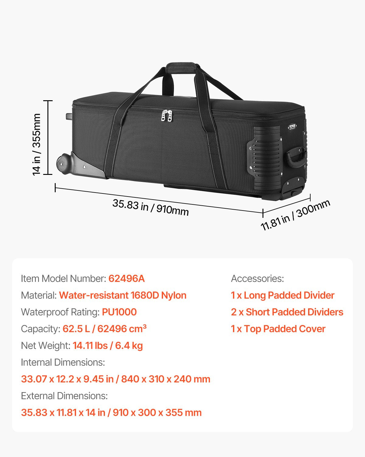 Studio Equipment Trolley Case, 35.83 x 11.81 x 14 in / 91 x 30 x 35.5 cm, Rolling Camera Bag, Carrying Bag with Wheels Straps Padded Compartment Handle, for Light Stands, Tripods, Telescopes