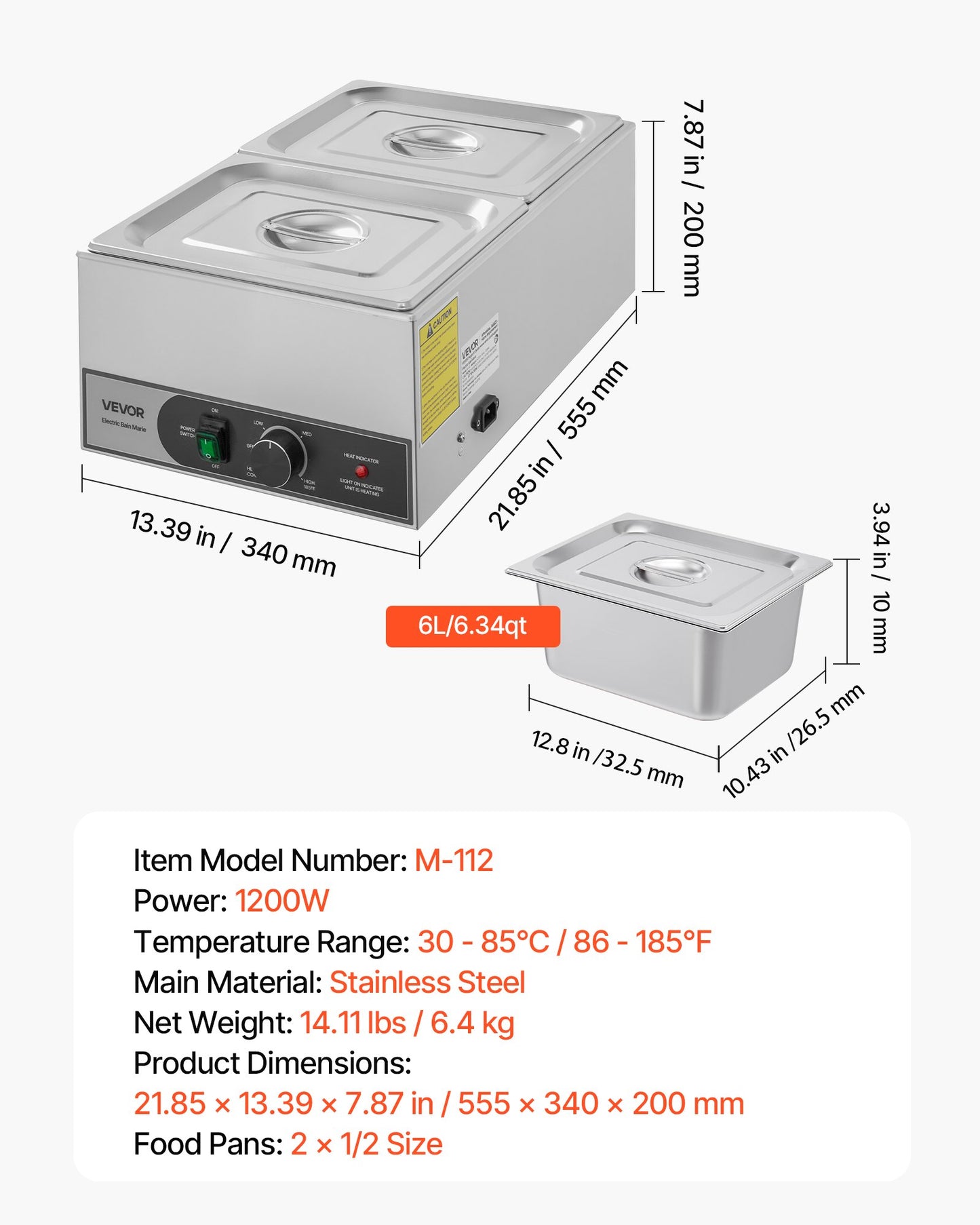 Commercial Food Warmer, 1200W Electric Stainless Steel Steam Food Warmer, Fast Heating Countertop Buffet Bain Marie with Two 1/2 Size Food Pans, for Catering, Restaurants, Parties & Buffets
