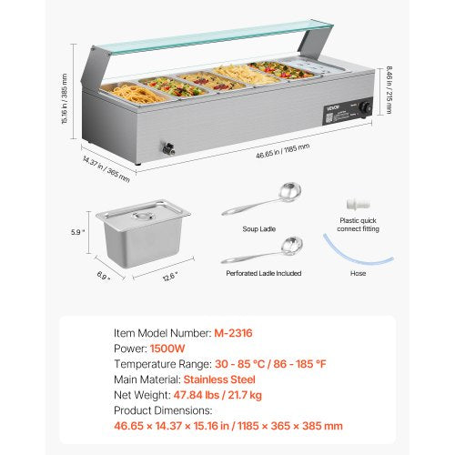 Commercial food warmer 6 x 1/3 size pans buffet bain-marie with glass lid | EU