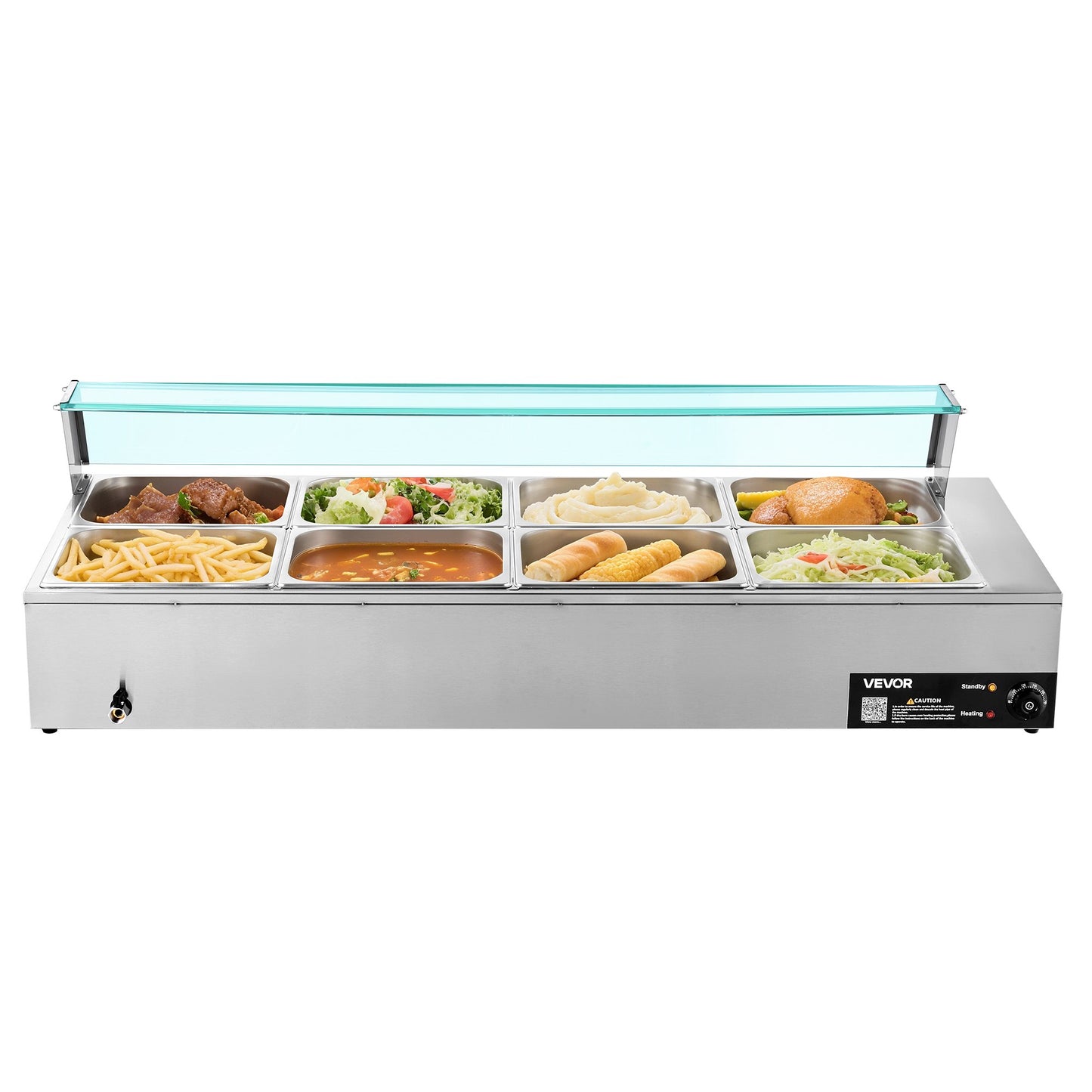 Commercial Food Warmer, 1700W Electric Stainless Steel Steam Food Warmer with Glass Cover, 8-Pan Countertop Buffet Bain Marie with Soup & Perforated Ladles, for Catering, Restaurant & Party