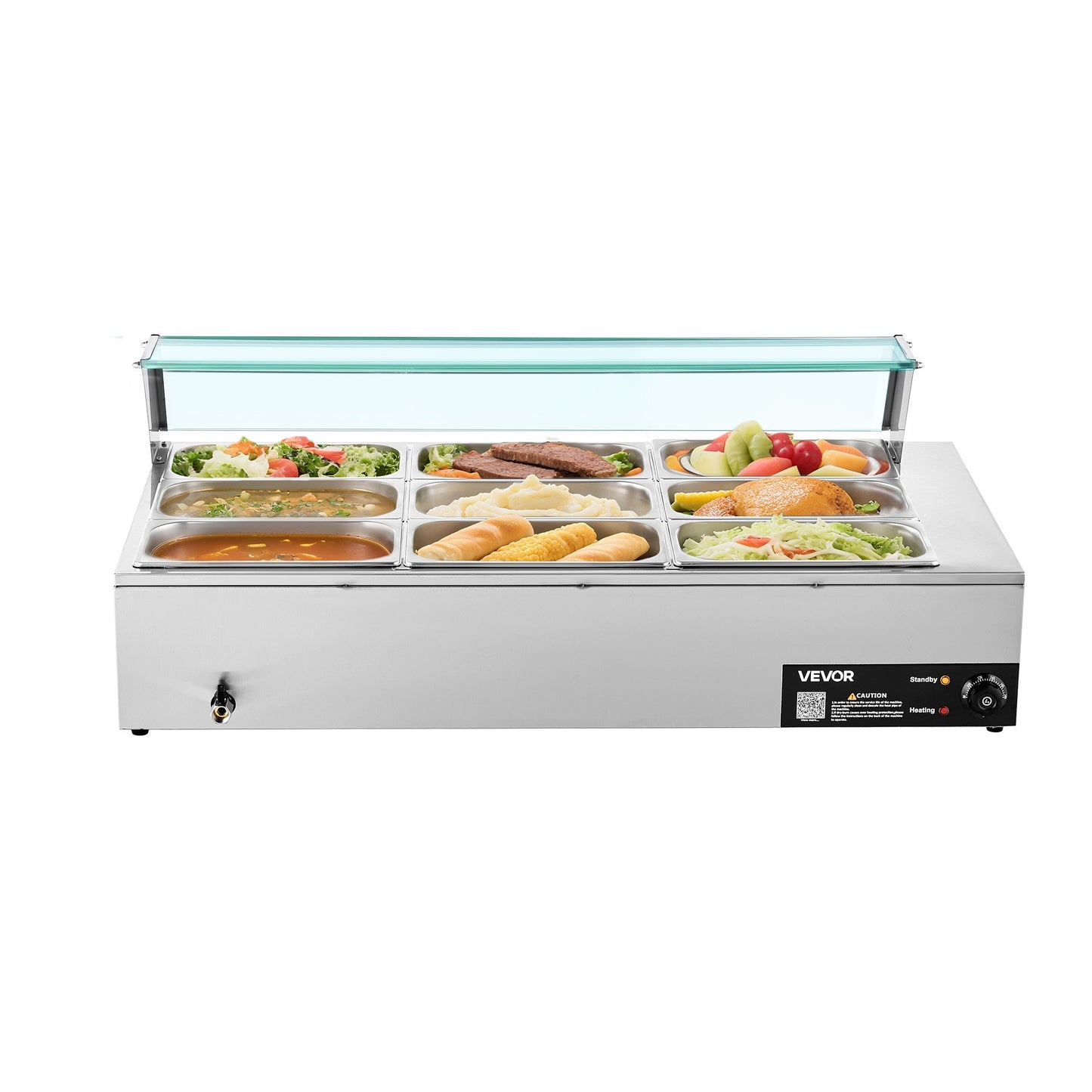 Commercial Food Warmer, 1500W Electric Stainless Steel Steam Food Warmer with Glass Cover, 9-Pan Countertop Buffet Bain Marie with Soup & Perforated Ladles, for Catering, Restaurant & Party
