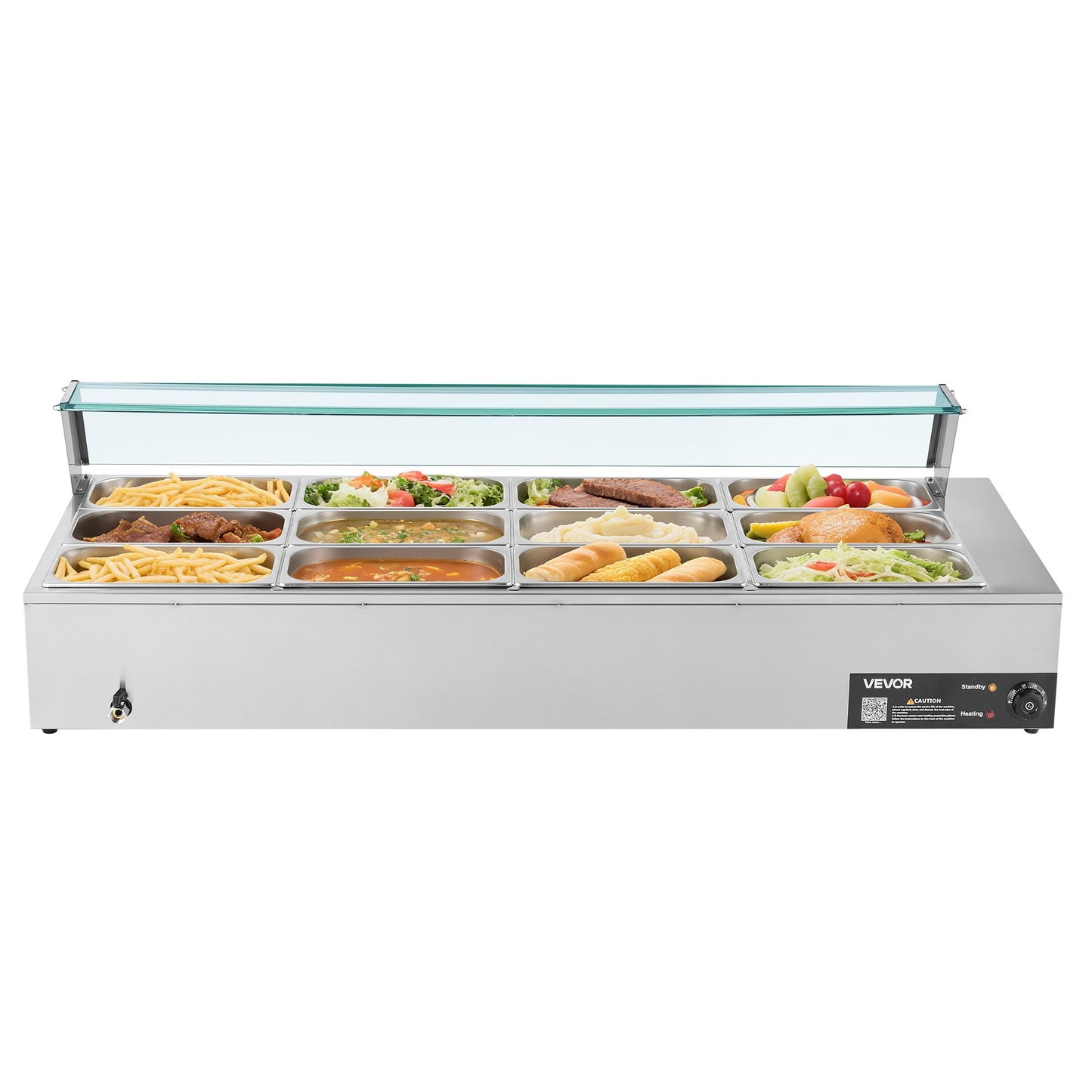 Commercial Food Warmer, 1700W Electric Stainless Steel Steam Food Warmer with Glass Cover, 12-Pan Countertop Buffet Bain Marie with Soup & Perforated Ladles, for Catering, Restaurant & Party