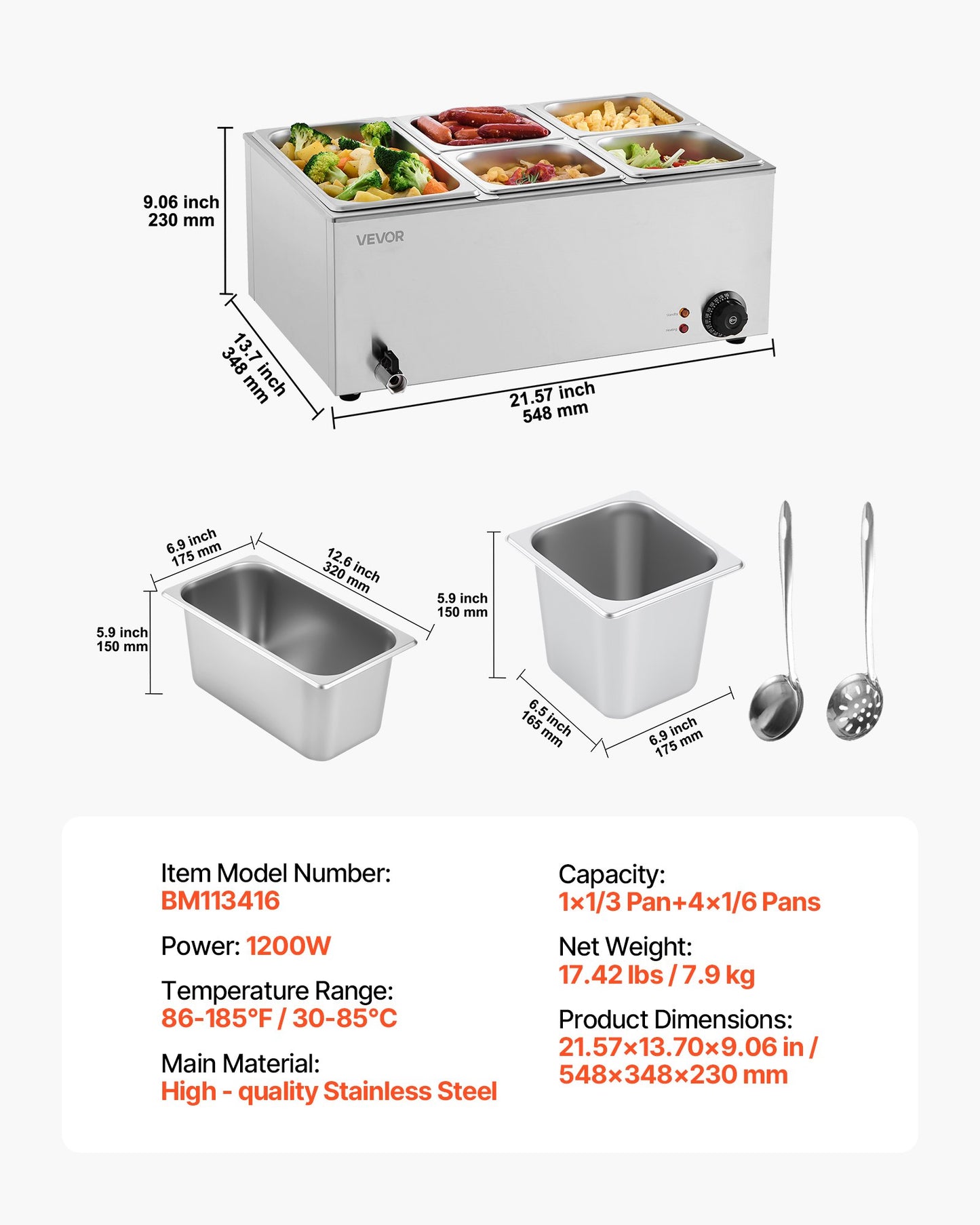 24QT Commercial Food Warmer, 5-Pan Electric Steam Table, 1200W Professional Countertop Stainless Steel Buffet Bain Marie with 86-185°F Temp Control for Catering, Buffet, Parties, Restaurants