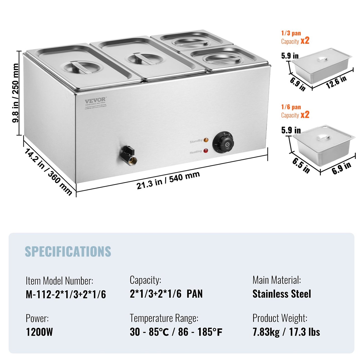 4-Pan Commercial Food Warmer, 16.4QT Electric Steam Table, 1200W Professional Countertop Stainless Steel Buffet Bain Marie with 86-185°F Temp Control for Catering and Restaurants, Silver