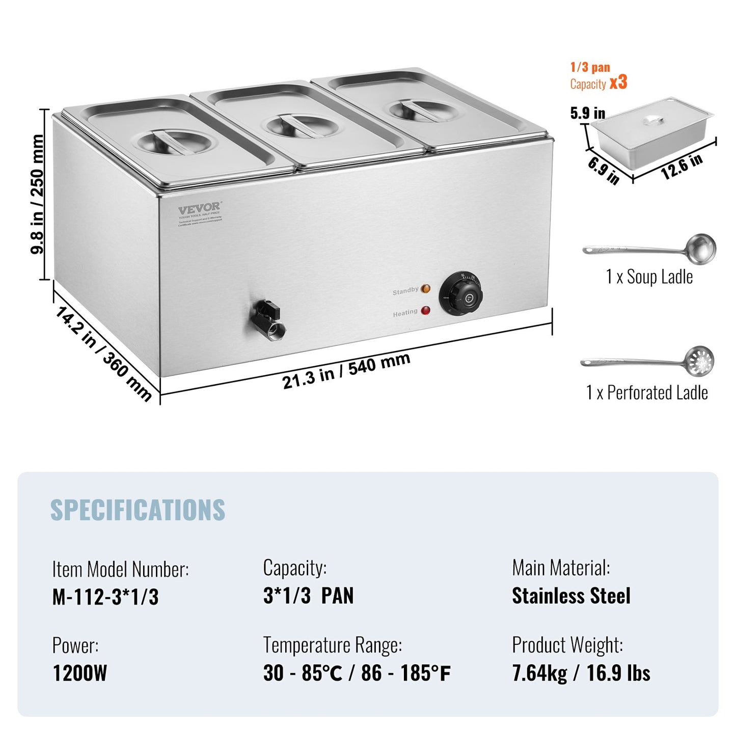 3-Pan Commercial Food Warmer, 17.4QT Electric Steam Table, 1200W Professional Countertop Stainless Steel Buffet Bain Marie with 86-185°F Temp Control for Catering and Restaurants, Silver